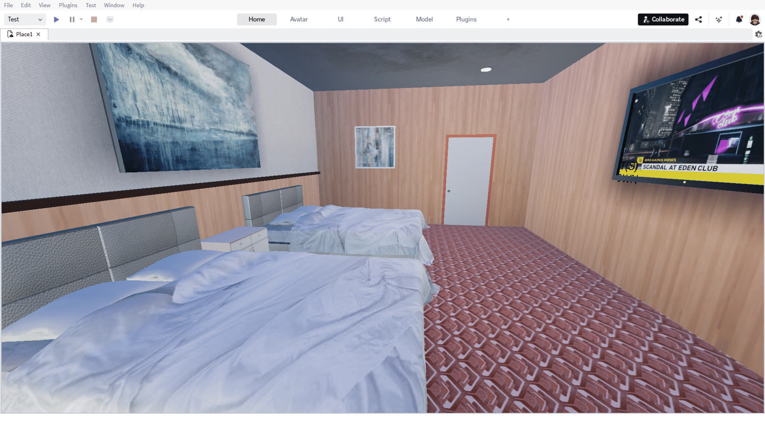 Guest room interior with bed and furniture
