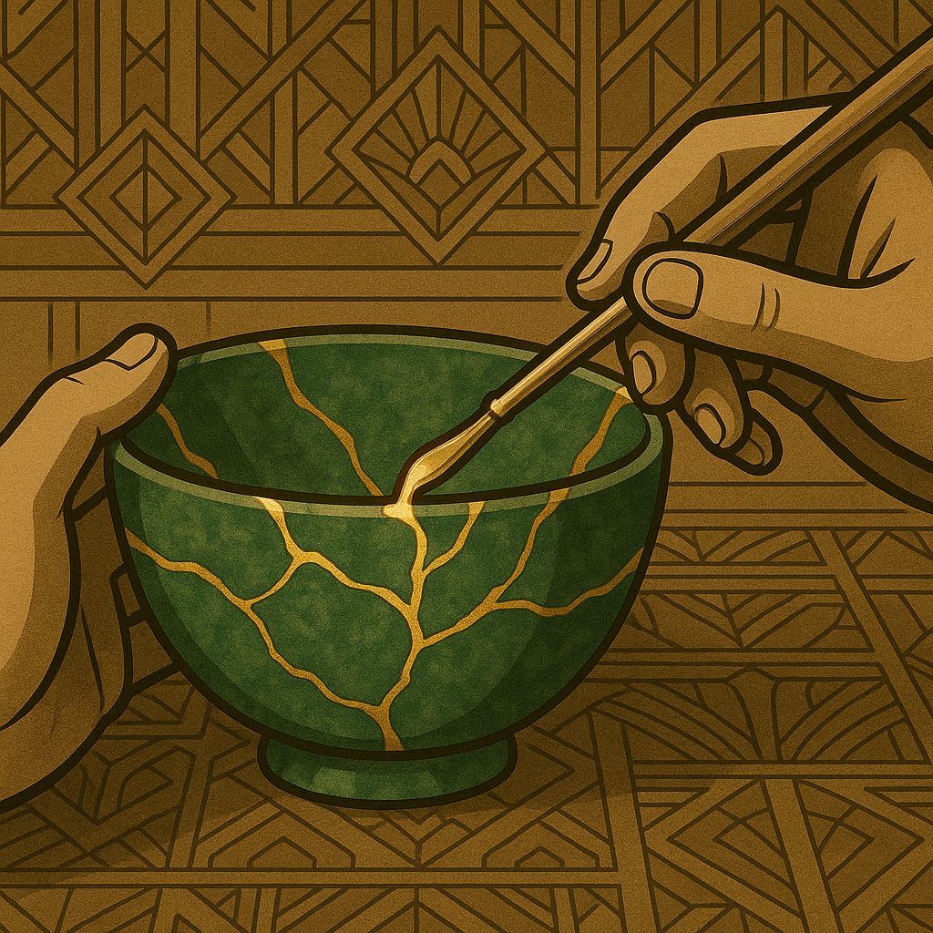 Kintsugi: l'art japonais qui répare le précieux (fendu ou brisé) en appliquant une colle avec de l'or. le résultat est fièrement exposé, et est de valeur bien plus élevé. notre héros est invisible pour le moment : on voit où on devine un environnement mag