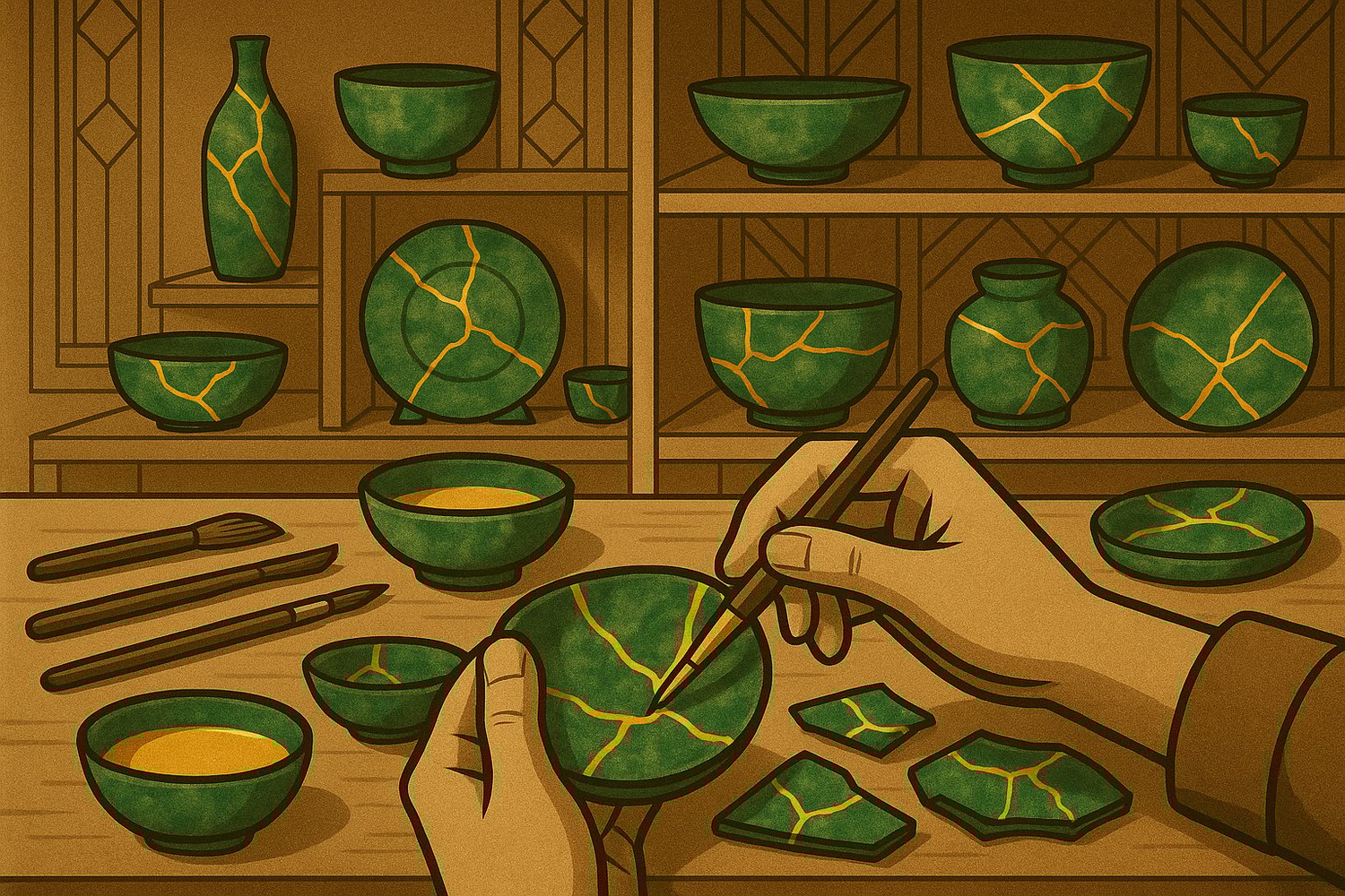 Kintsugi: l'art japonais qui répare le précieux (fendu ou brisé) en appliquant une colle avec de l'or. le résultat est fièrement exposé, et est de valeur bien plus élevé. notre héros est invisible pour le moment, on ne voit que ses mains expertes en train