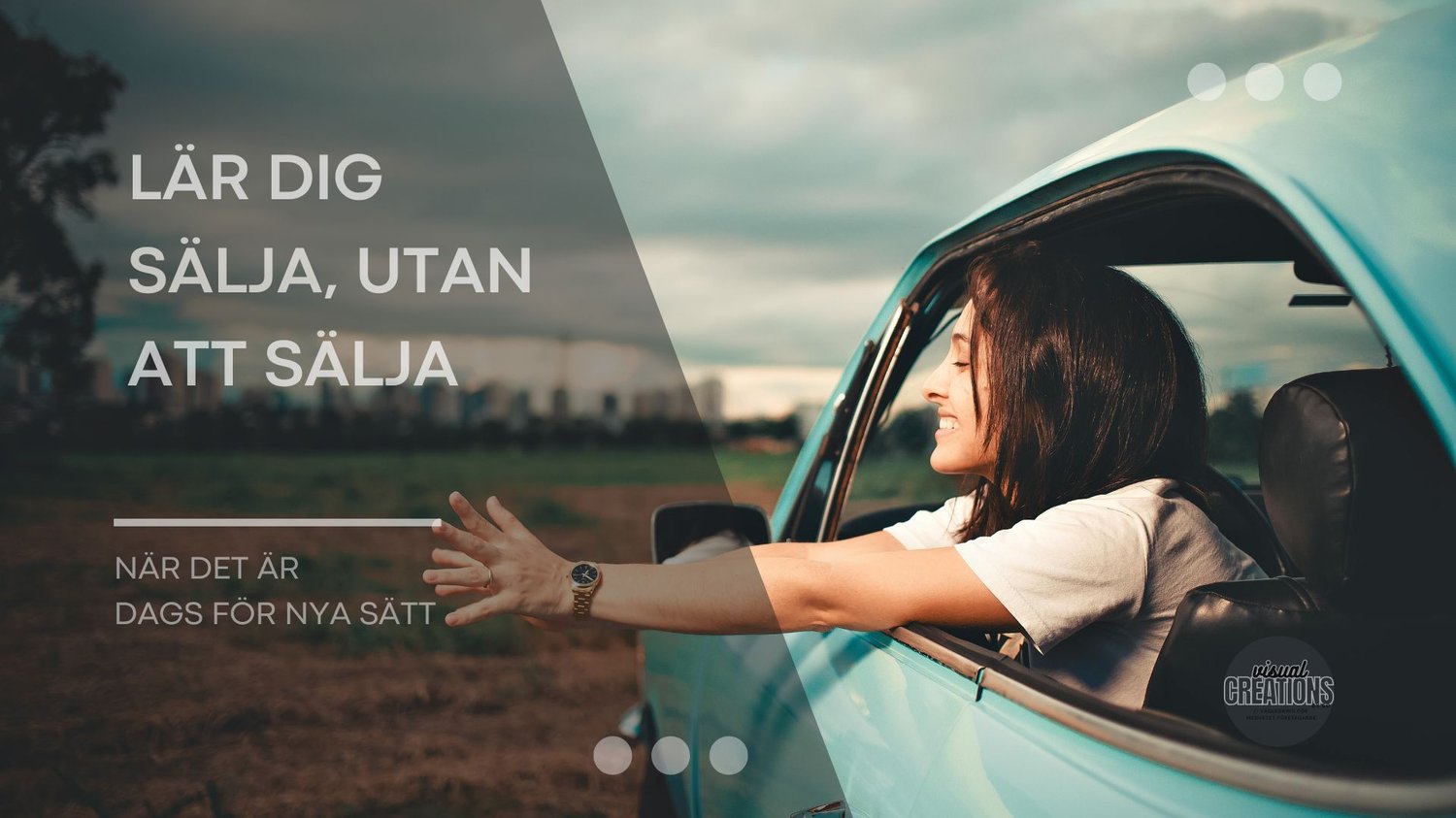 Lär dig sälja utan att sälja [del 1]. Leende kvinna sitter i bilen med armarna utanför bilfönstret