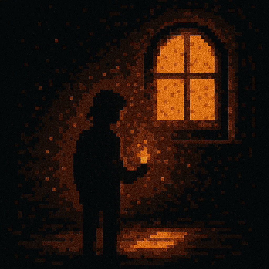 Pixel art illustration of a lone musician standing in a dim, amber-lit room. They hold a small glowing flame in one hand, its light softly illuminating their silhouette and the stone floor. Behind them, a tall arched window glows warmly against the darkne