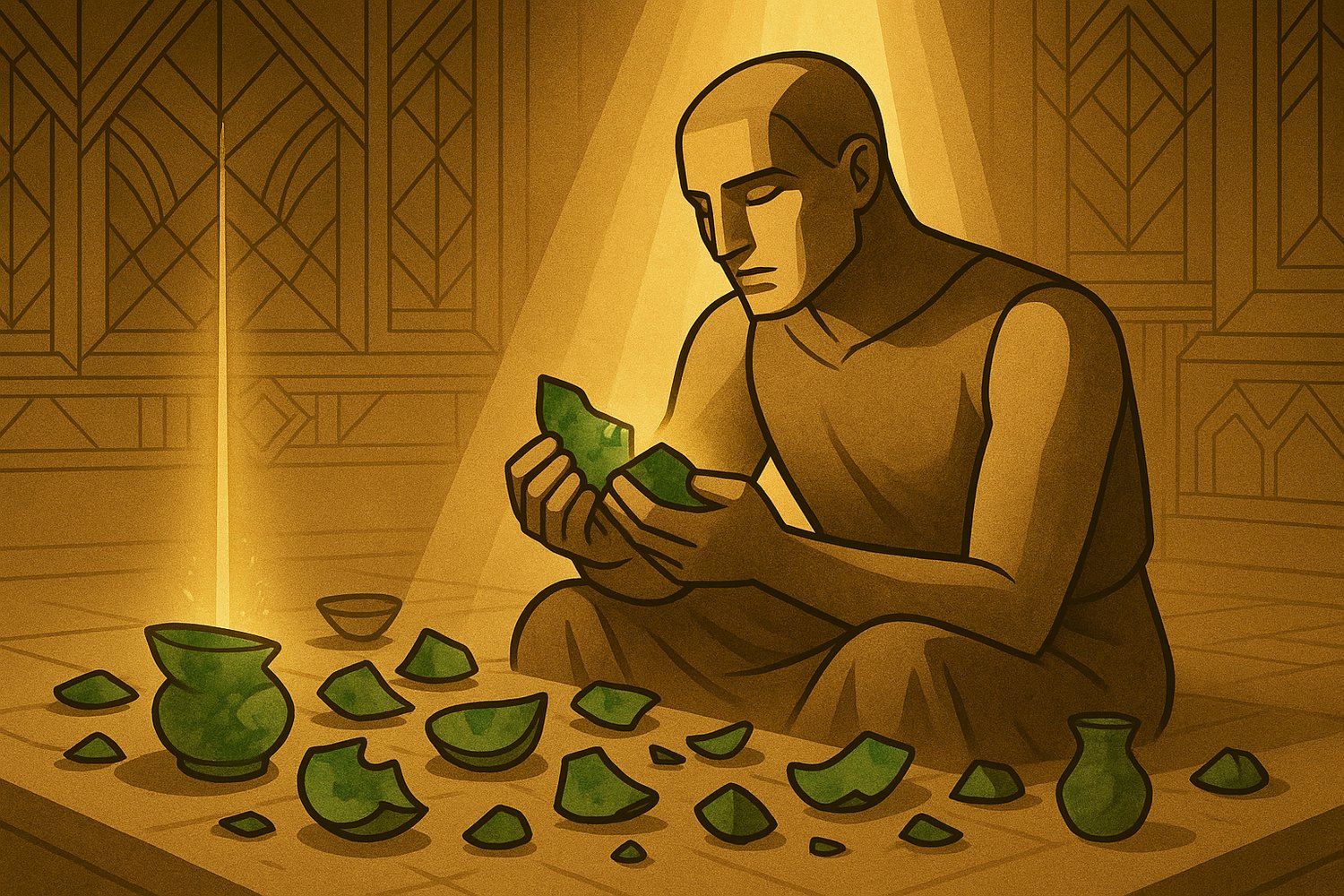 Kintsugi: l'art japonais qui répare le précieux (fendu ou brisé) en appliquant une colle avec de l'or. Le résultat est fièrement exposé, et est de valeur bien plus élevé. Ici, notre héros prends conscience de la casse de son ancien conteneur précieux, sym