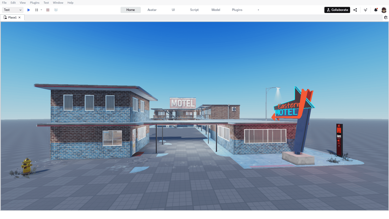 Motel hallway leading to furnished rooms