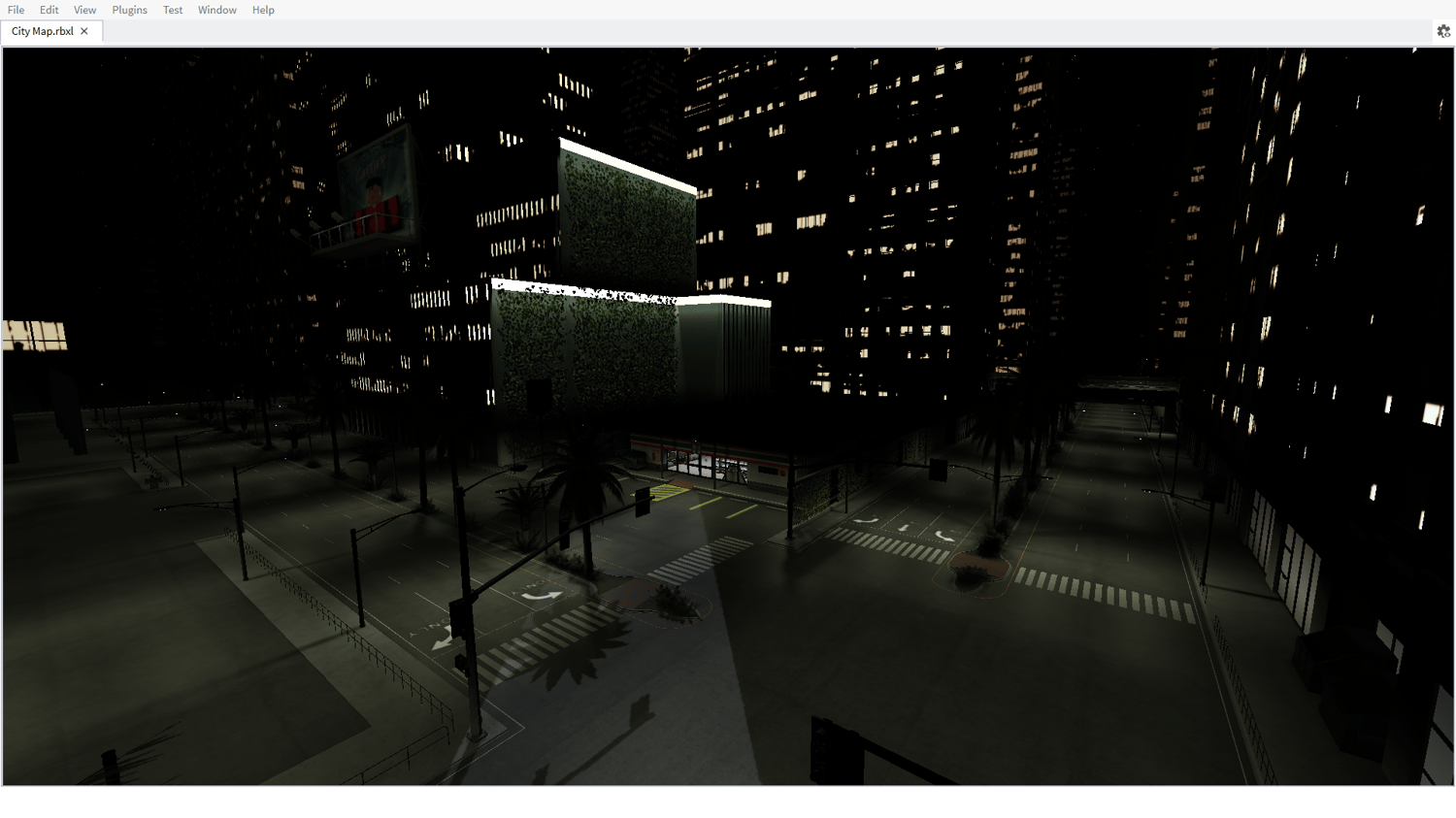 Nighttime city road layout with signage