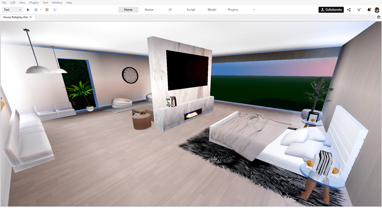 Spacious bedroom with balcony view in roleplay home