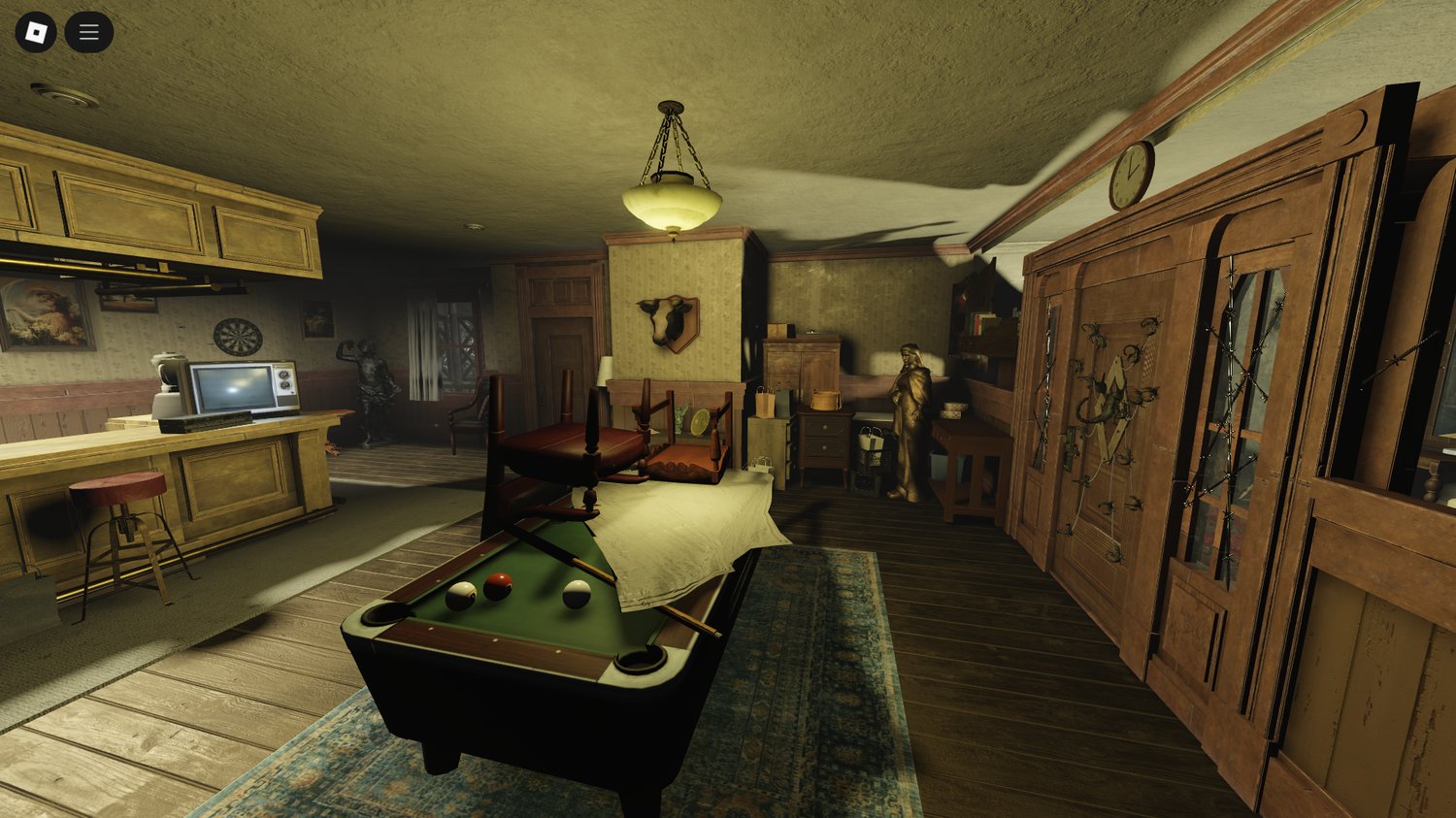 Kitchen with detailed props and eerie lighting