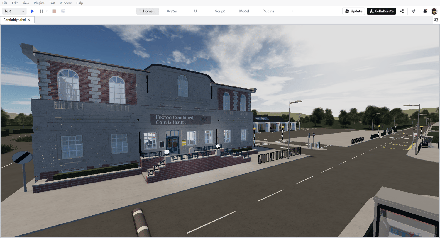 Pedestrian square with benches and street details