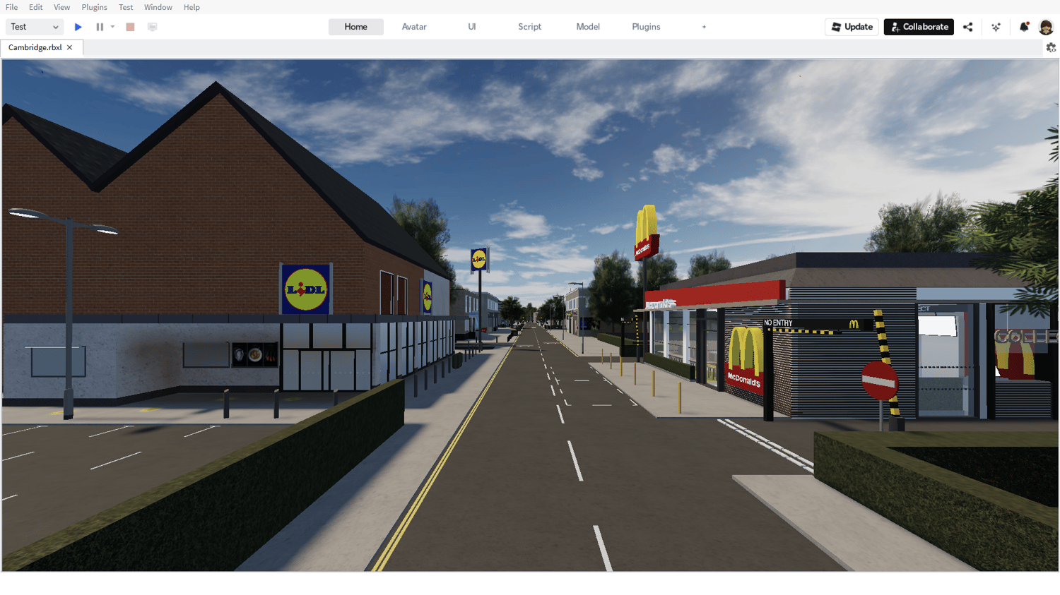Aerial view of Cambridge city streets in Roblox