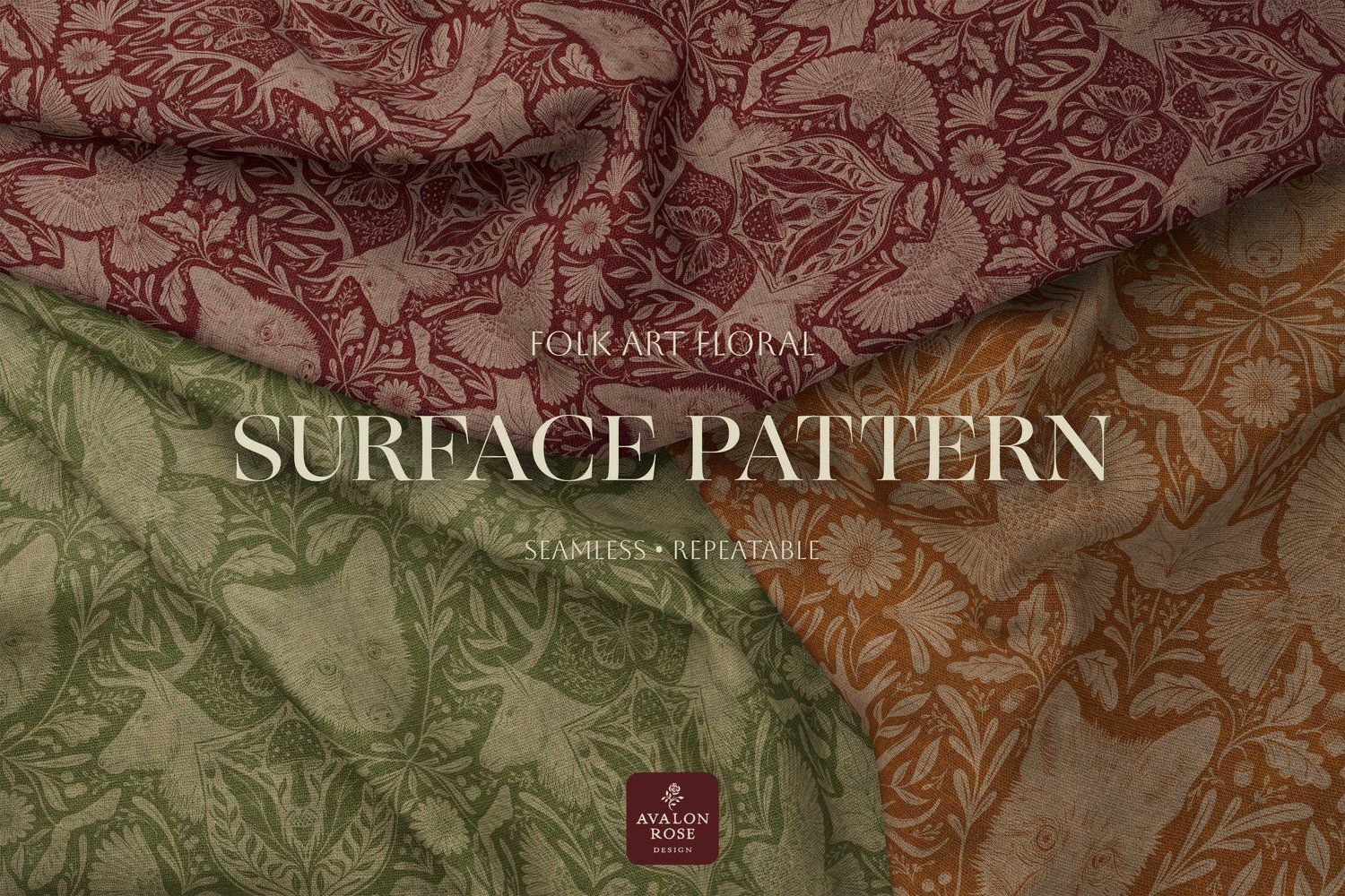 seamless surface pattern design features hand drawn deer, antlers, birds, mushrooms, butterflies, acorns and various forest flora