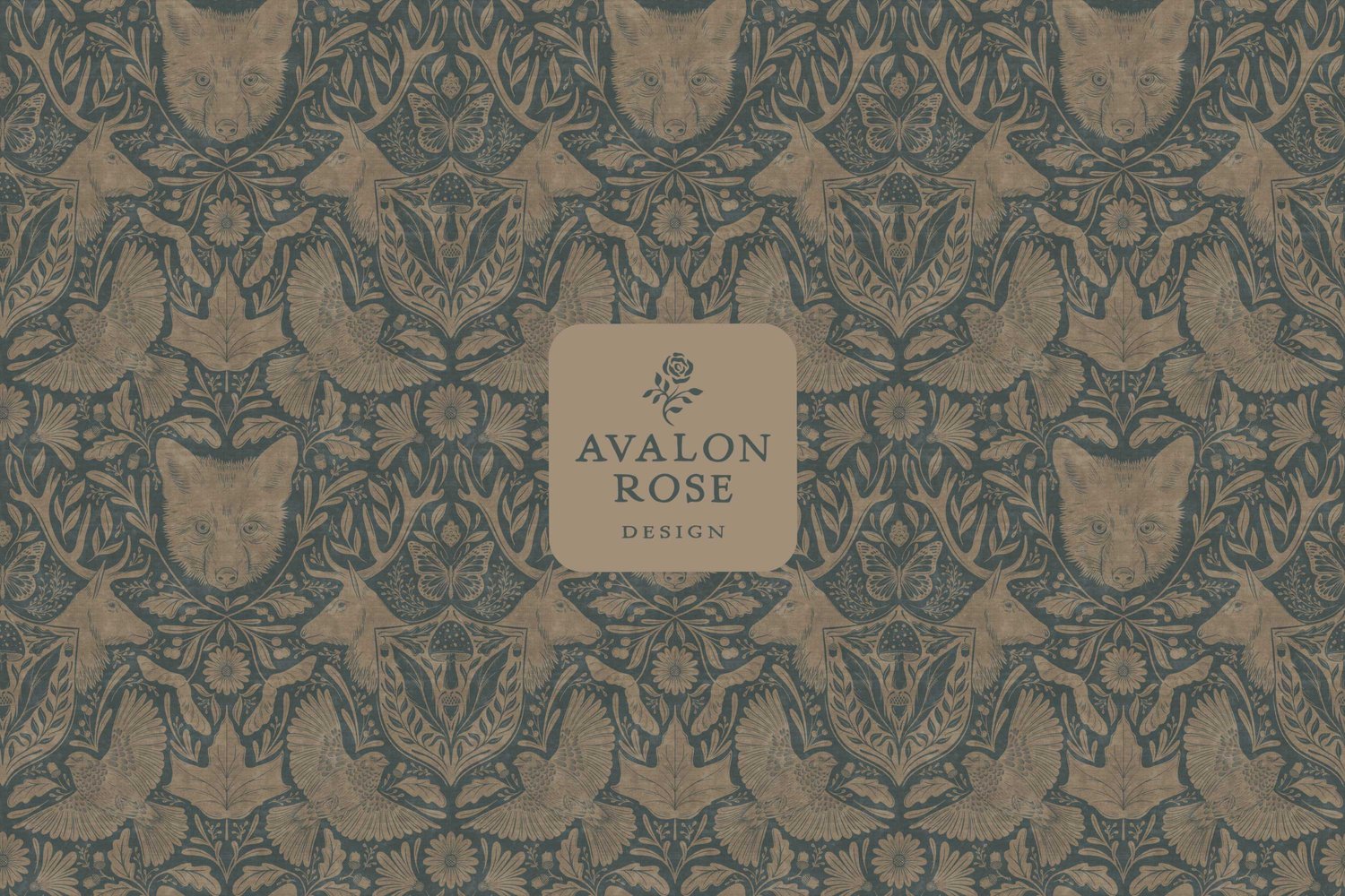 seamless surface pattern design features hand drawn deer, antlers, birds, mushrooms, butterflies, acorns and various forest flora