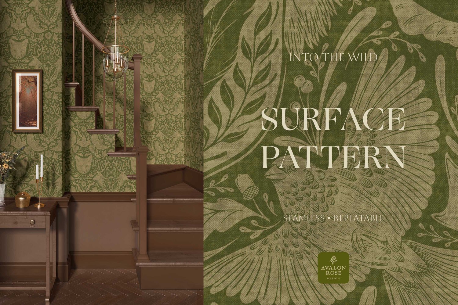 seamless surface pattern design features hand drawn deer, antlers, birds, mushrooms, butterflies, acorns and various forest flora