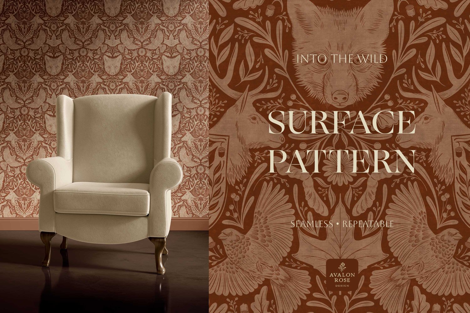 seamless surface pattern design features hand drawn deer, antlers, birds, mushrooms, butterflies, acorns and various forest flora
