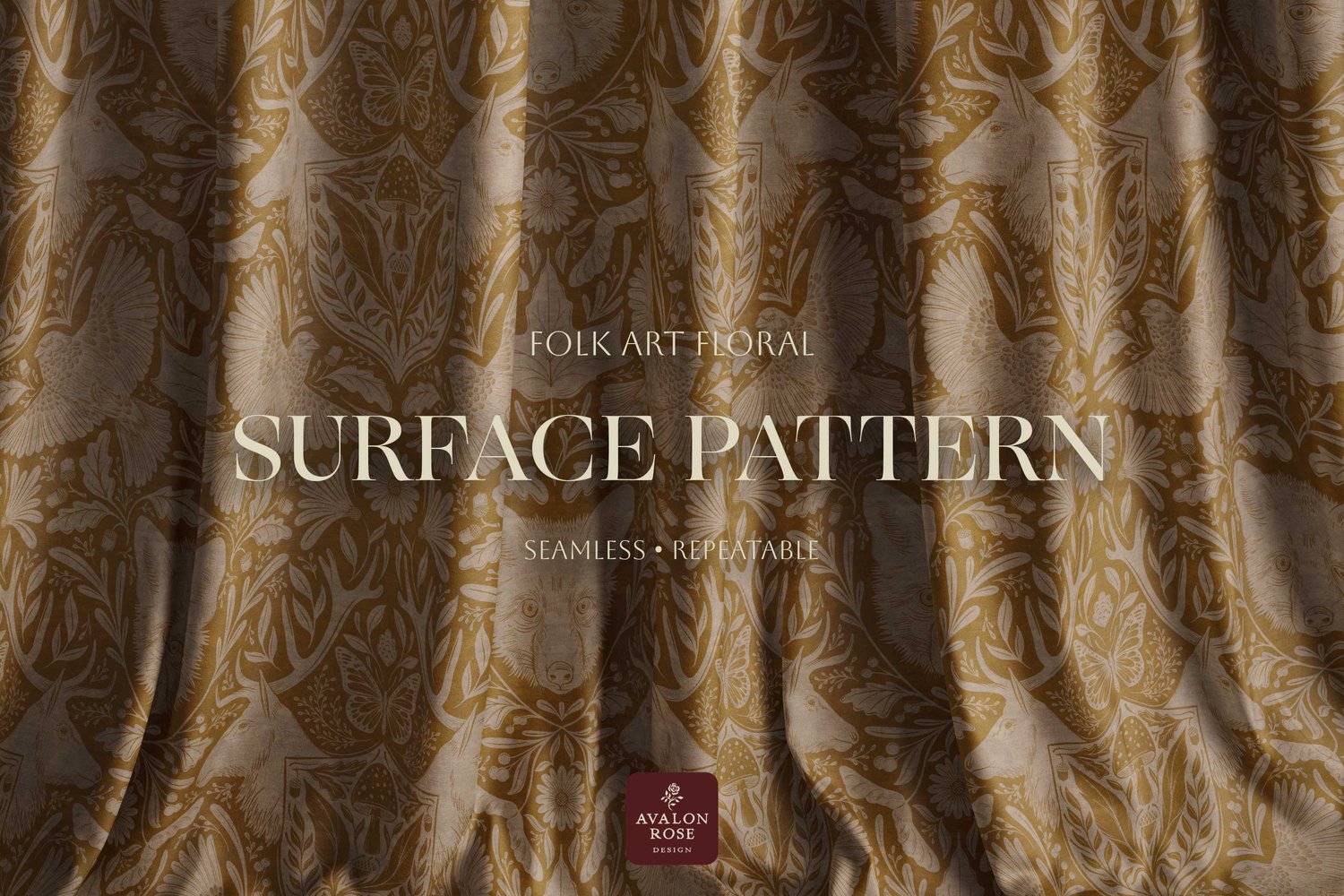 seamless surface pattern design features hand drawn deer, antlers, birds, mushrooms, butterflies, acorns and various forest flora