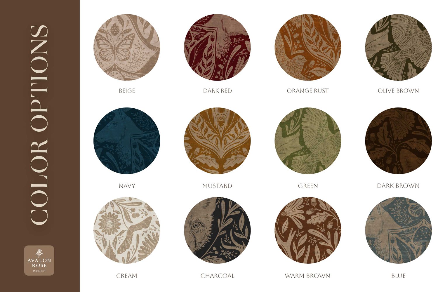 seamless surface pattern design features hand drawn deer, antlers, birds, mushrooms, butterflies, acorns and various forest flora