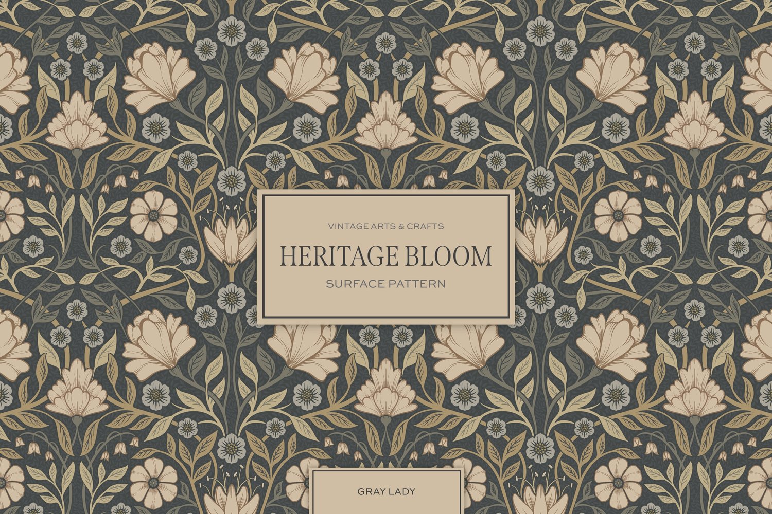 Classic and elegant surface / seamless pattern inspired by vintage Arts & Crafts / Craftsman designs. Featuring hand drawn intertwining florals and leaves in a neutral gray, beige, and cream color palette.