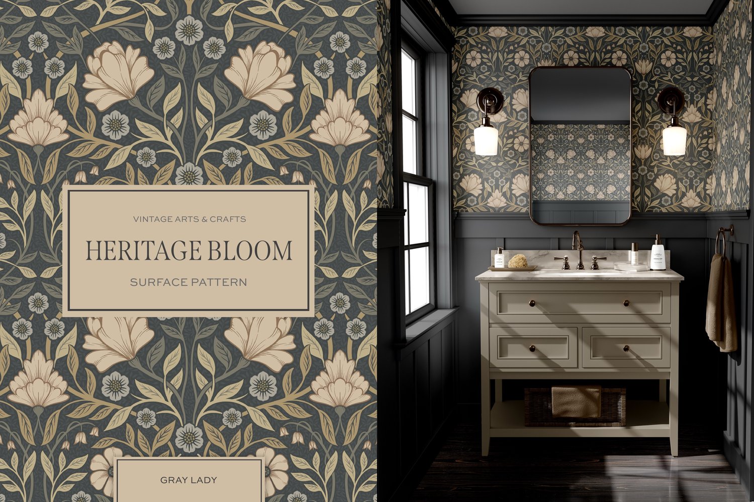 Classic and elegant surface / seamless pattern inspired by vintage Arts & Crafts / Craftsman designs. Featuring hand drawn intertwining florals and leaves in a neutral gray, beige, and cream color palette.