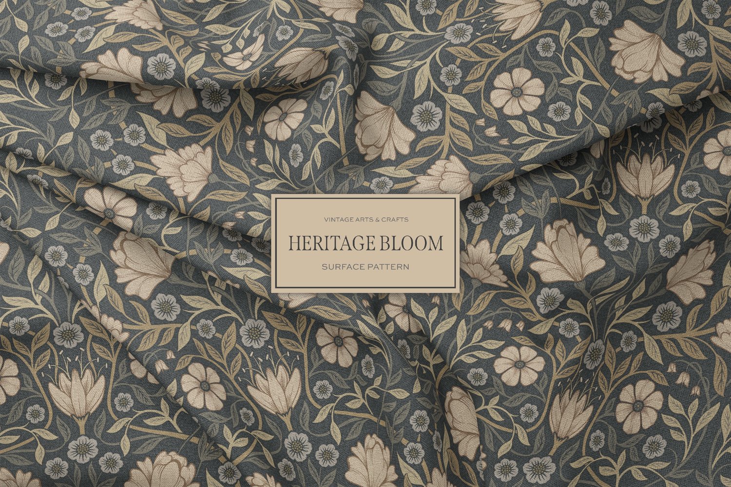 Classic and elegant surface / seamless pattern inspired by vintage Arts & Crafts / Craftsman designs. Featuring hand drawn intertwining florals and leaves in a neutral gray, beige, and cream color palette.