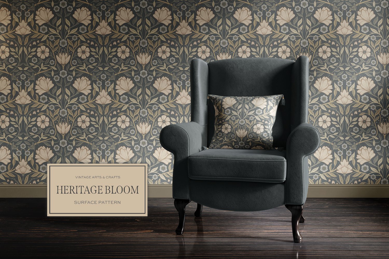 Classic and elegant surface / seamless pattern inspired by vintage Arts & Crafts / Craftsman designs. Featuring hand drawn intertwining florals and leaves in a neutral gray, beige, and cream color palette.