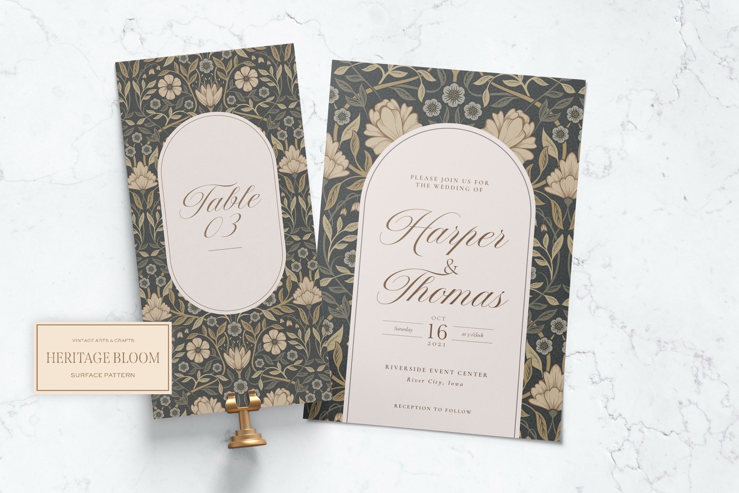 Classic and elegant surface / seamless pattern inspired by vintage Arts & Crafts / Craftsman designs. Featuring hand drawn intertwining florals and leaves in a neutral gray, beige, and cream color palette.