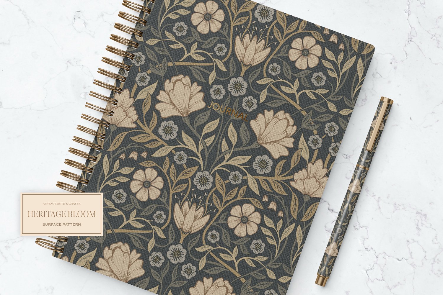 Classic and elegant surface / seamless pattern inspired by vintage Arts & Crafts / Craftsman designs. Featuring hand drawn intertwining florals and leaves in a neutral gray, beige, and cream color palette.