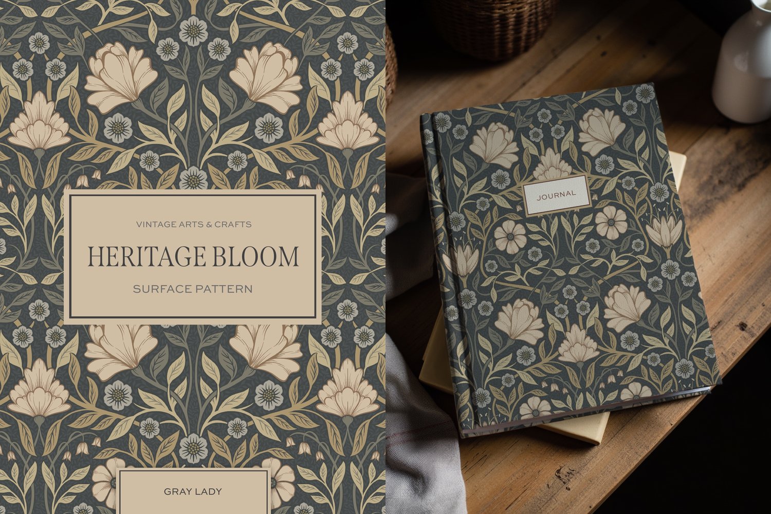 Classic and elegant surface / seamless pattern inspired by vintage Arts & Crafts / Craftsman designs. Featuring hand drawn intertwining florals and leaves in a neutral gray, beige, and cream color palette.