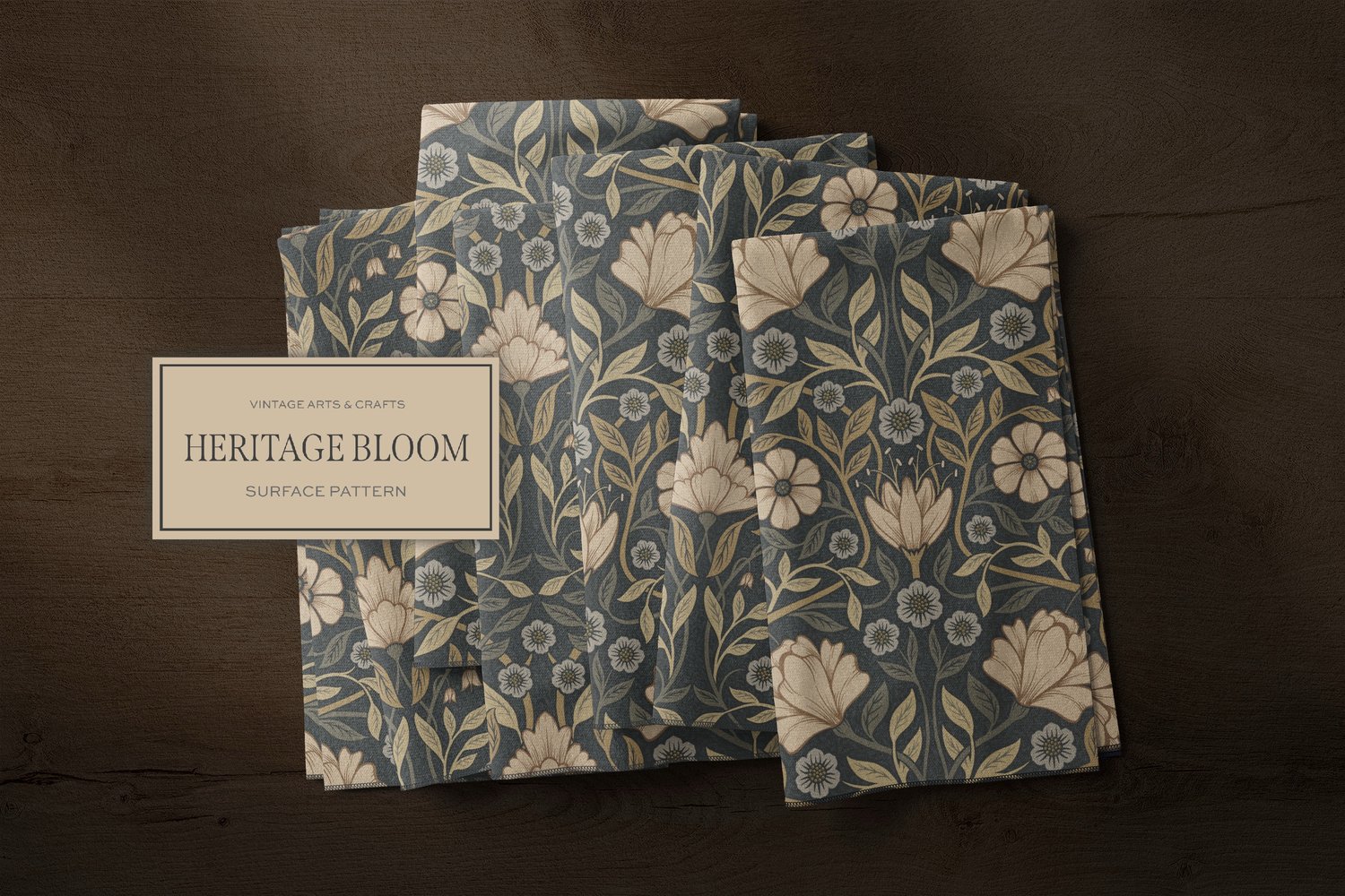 Classic and elegant surface / seamless pattern inspired by vintage Arts & Crafts / Craftsman designs. Featuring hand drawn intertwining florals and leaves in a neutral gray, beige, and cream color palette.