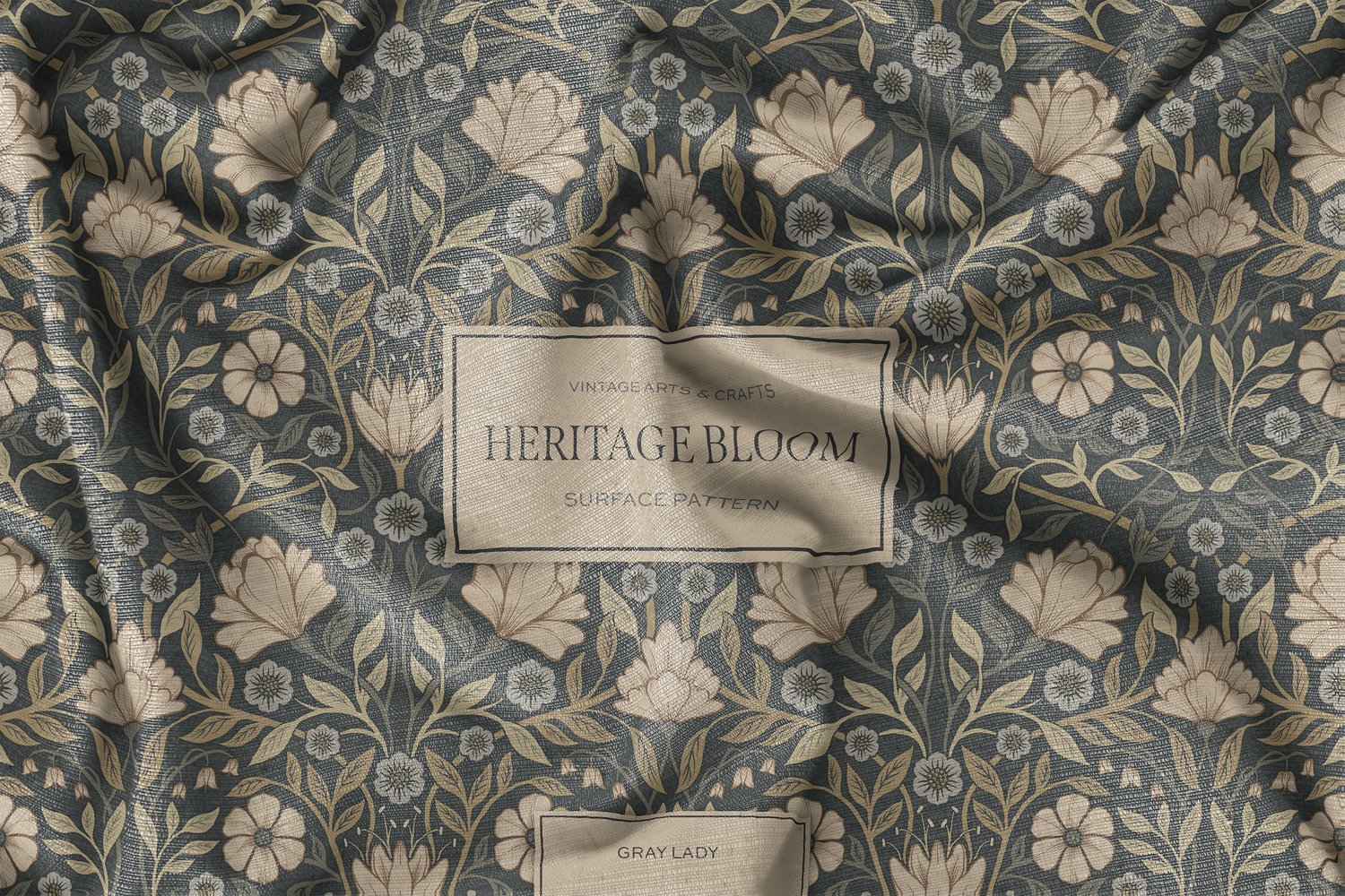 Classic and elegant surface / seamless pattern inspired by vintage Arts & Crafts / Craftsman designs. Featuring hand drawn intertwining florals and leaves in a neutral gray, beige, and cream color palette.
