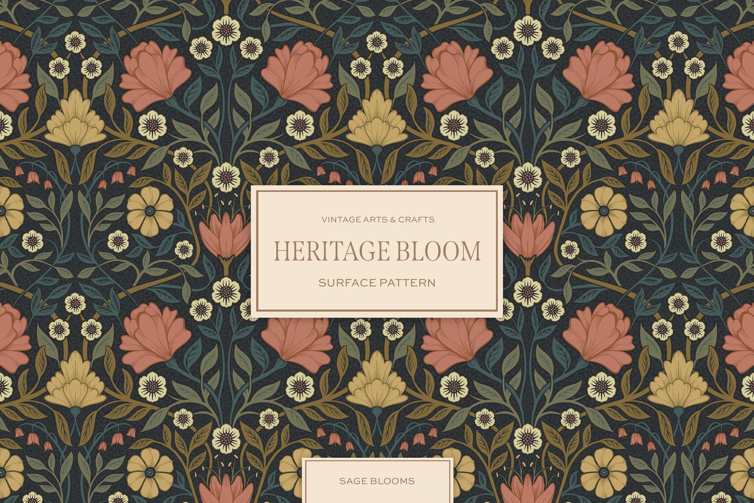 Classic and elegant surface / seamless pattern inspired by vintage Arts & Crafts / Craftsman designs. Featuring hand drawn intertwining florals and leaves in a dark muted green, mauve, and yellow color palette.
