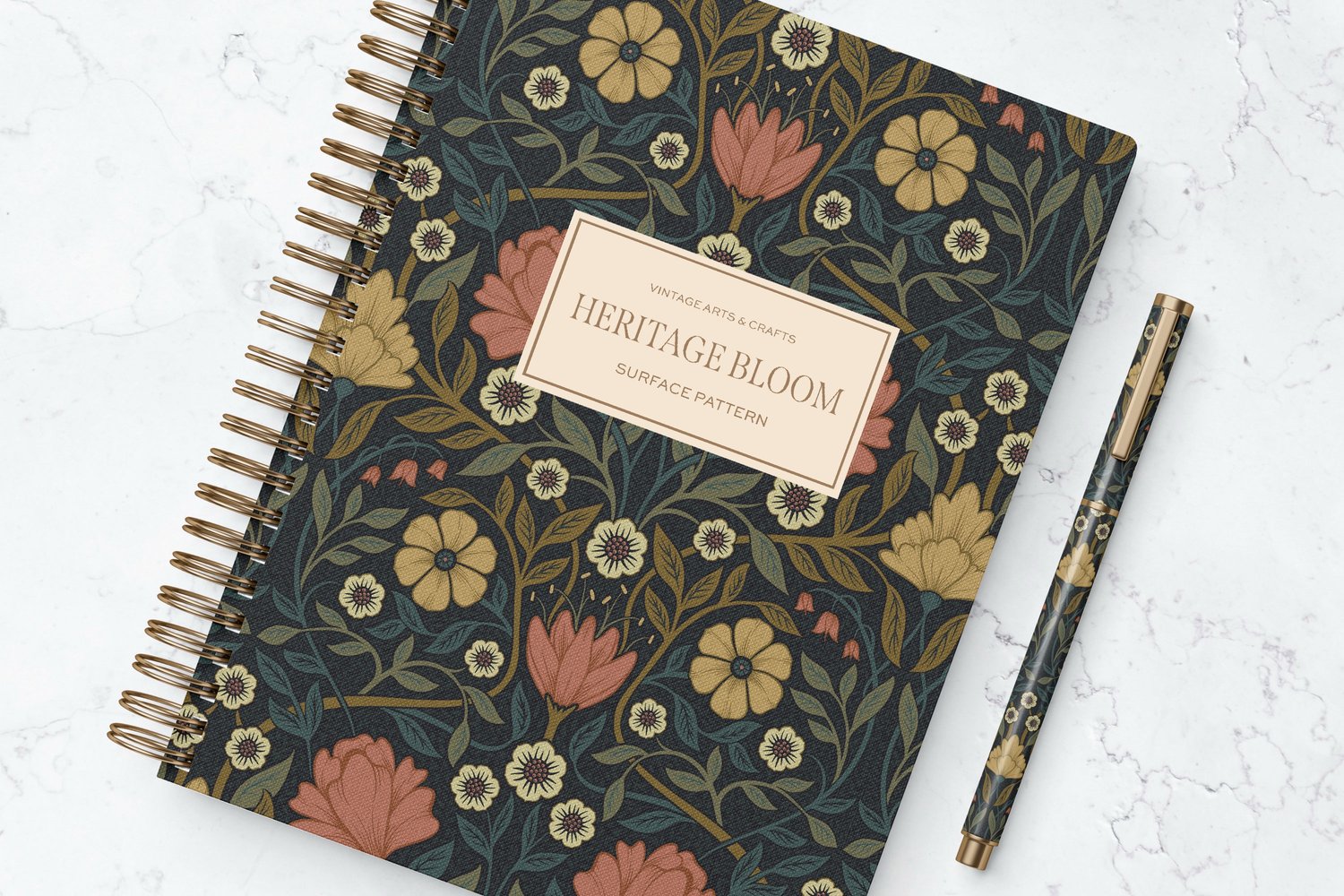 Classic and elegant surface / seamless pattern inspired by vintage Arts & Crafts / Craftsman designs. Featuring hand drawn intertwining florals and leaves in a dark muted green, mauve, and yellow color palette.