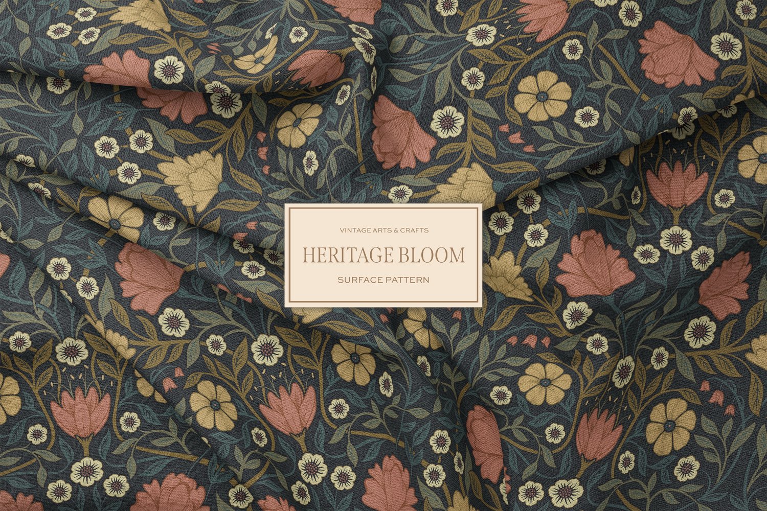 Classic and elegant surface / seamless pattern inspired by vintage Arts & Crafts / Craftsman designs. Featuring hand drawn intertwining florals and leaves in a dark muted green, mauve, and yellow color palette.