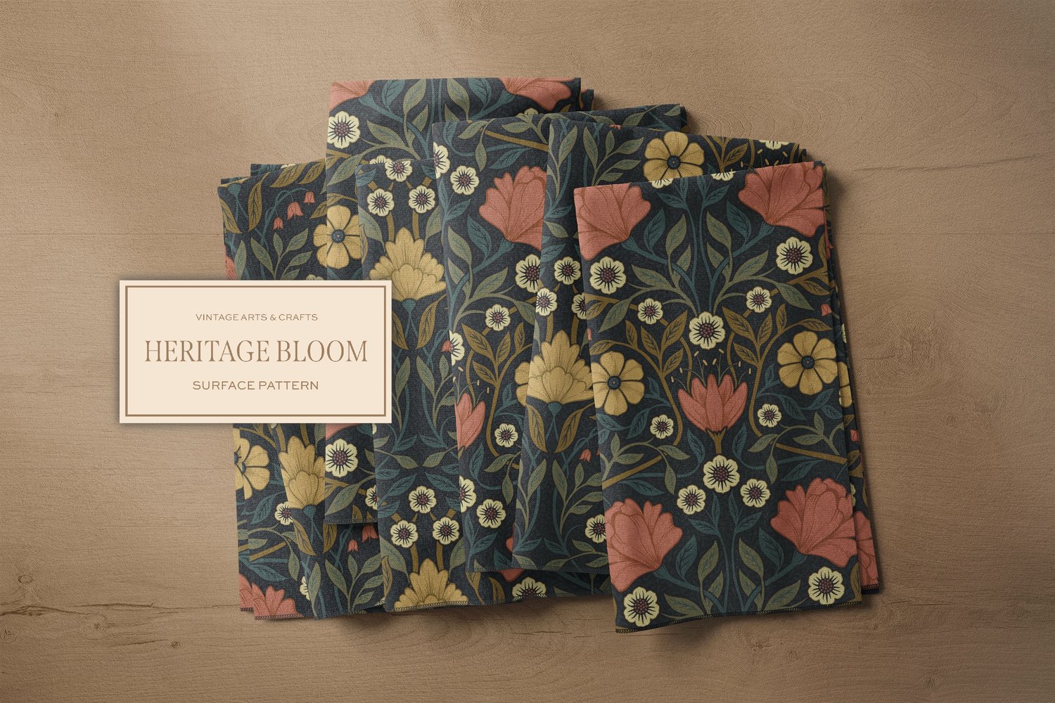 Classic and elegant surface / seamless pattern inspired by vintage Arts & Crafts / Craftsman designs. Featuring hand drawn intertwining florals and leaves in a dark muted green, mauve, and yellow color palette.