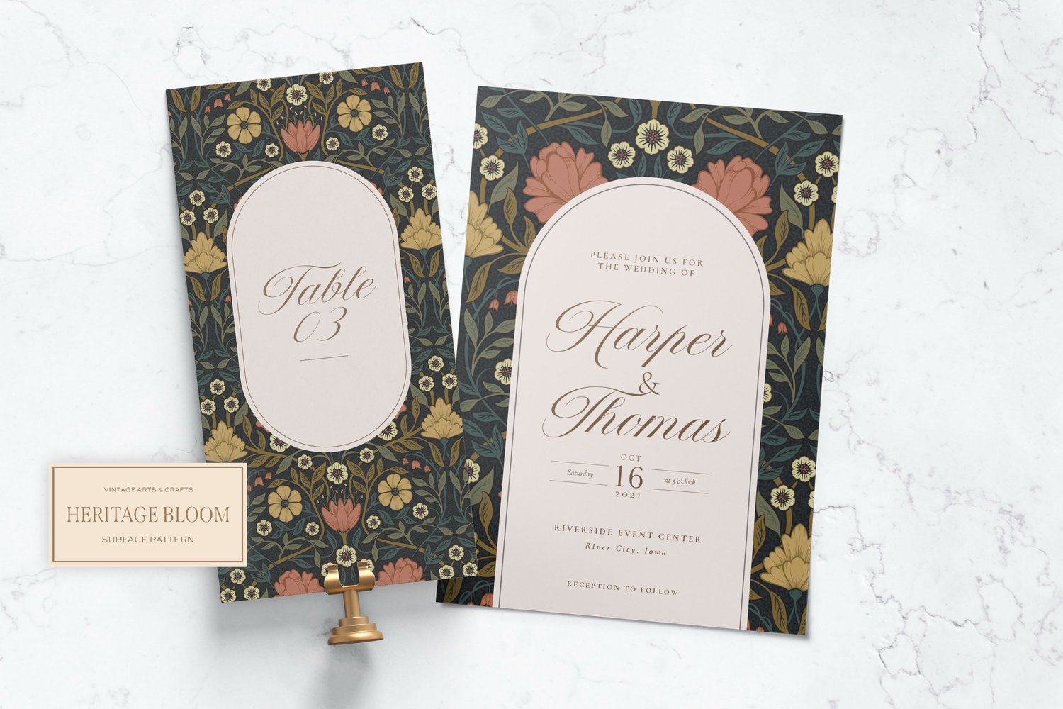 Classic and elegant surface / seamless pattern inspired by vintage Arts & Crafts / Craftsman designs. Featuring hand drawn intertwining florals and leaves in a dark muted green, mauve, and yellow color palette.