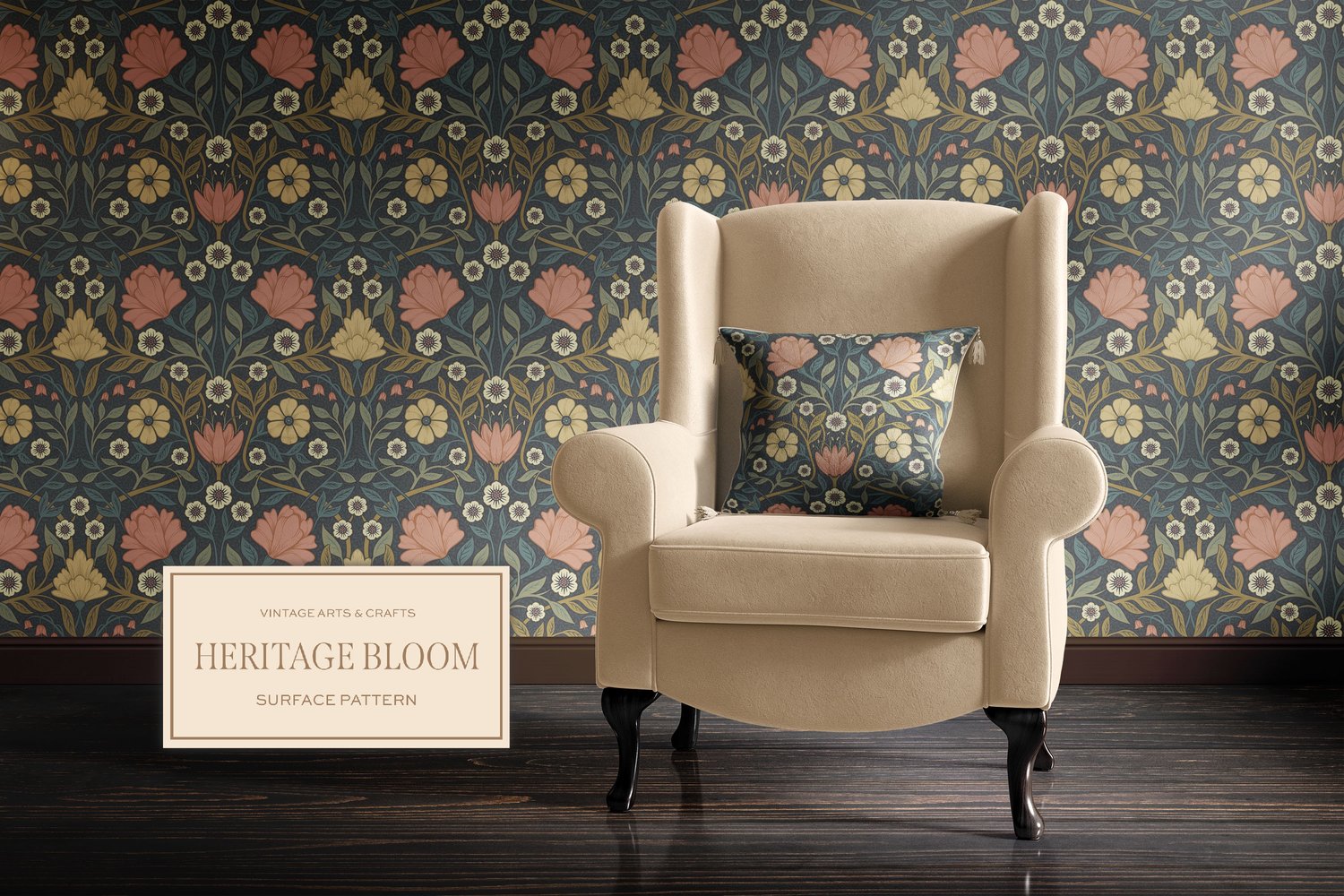 Classic and elegant surface / seamless pattern inspired by vintage Arts & Crafts / Craftsman designs. Featuring hand drawn intertwining florals and leaves in a dark muted green, mauve, and yellow color palette.