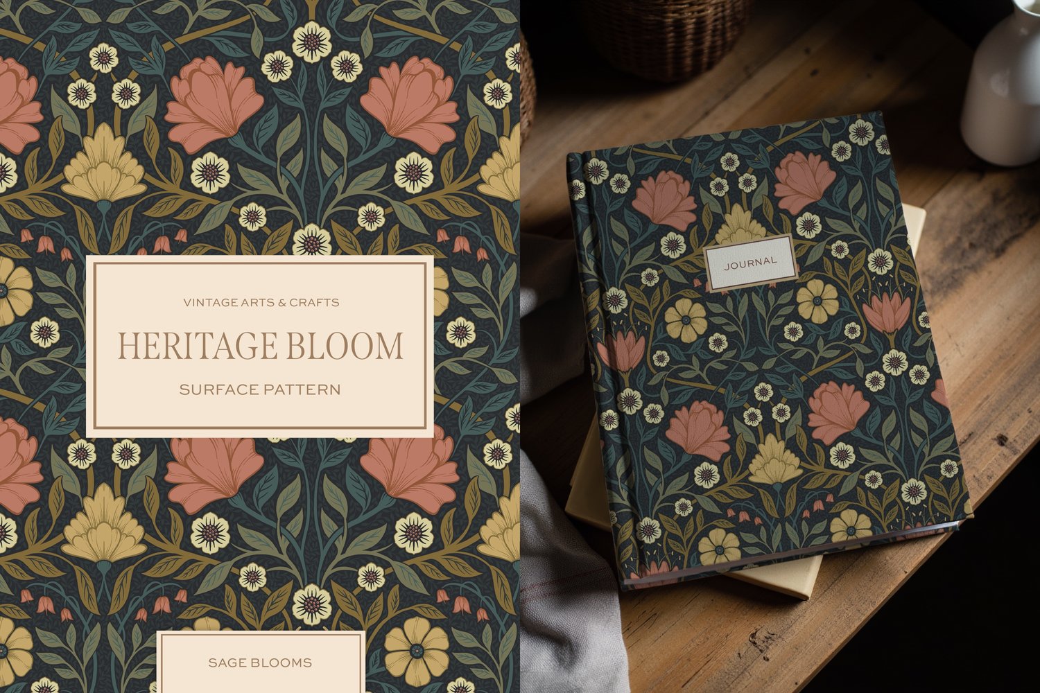 Classic and elegant surface / seamless pattern inspired by vintage Arts & Crafts / Craftsman designs. Featuring hand drawn intertwining florals and leaves in a dark muted green, mauve, and yellow color palette.