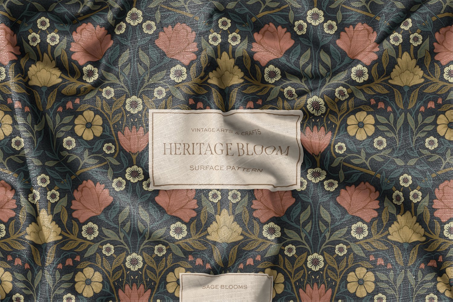 Classic and elegant surface / seamless pattern inspired by vintage Arts & Crafts / Craftsman designs. Featuring hand drawn intertwining florals and leaves in a dark muted green, mauve, and yellow color palette.