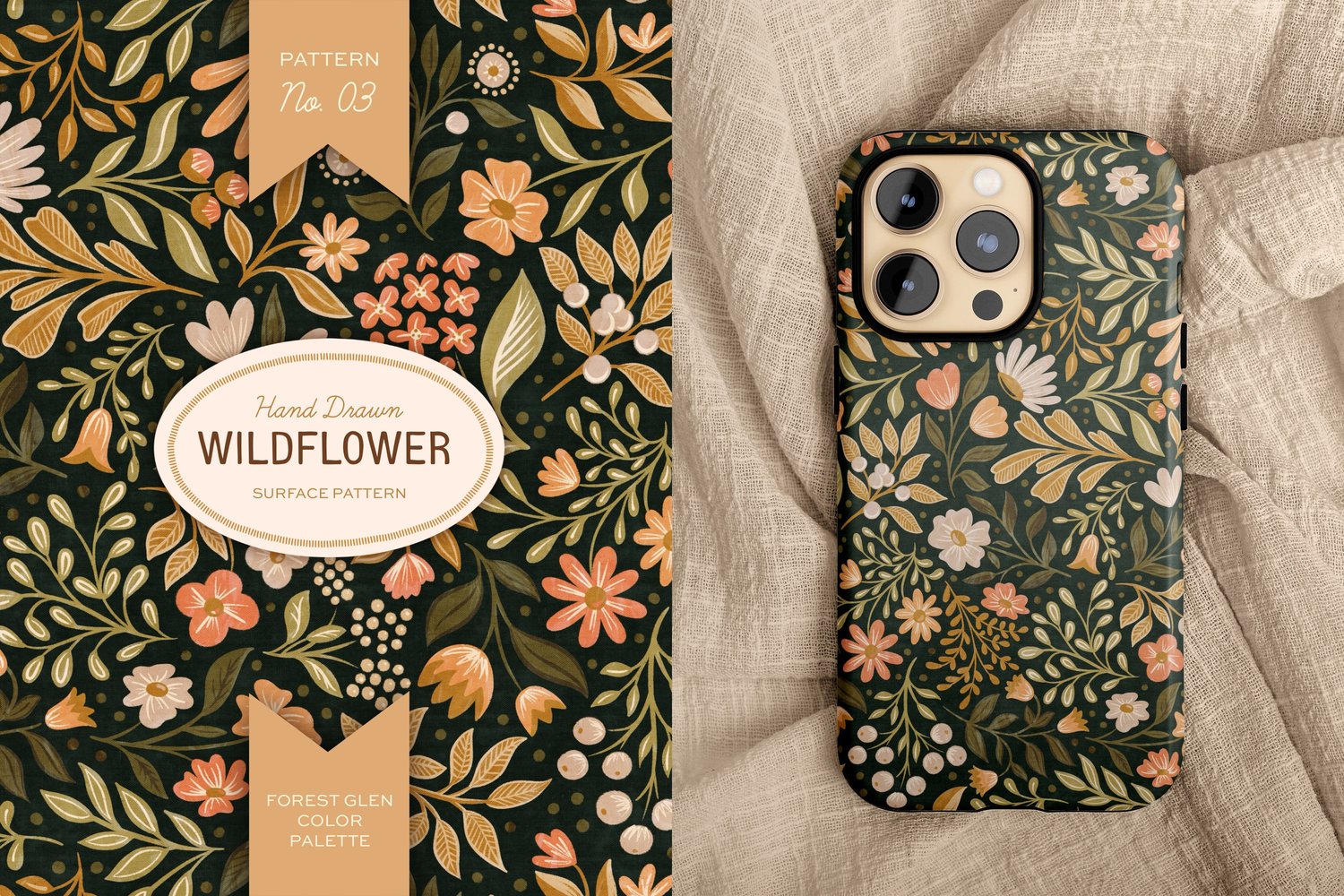 This hand drawn wildflower surface pattern in dark colors features scattered floral blooms and intricate leaves. A cream, brown, peach, green, and orange color palette