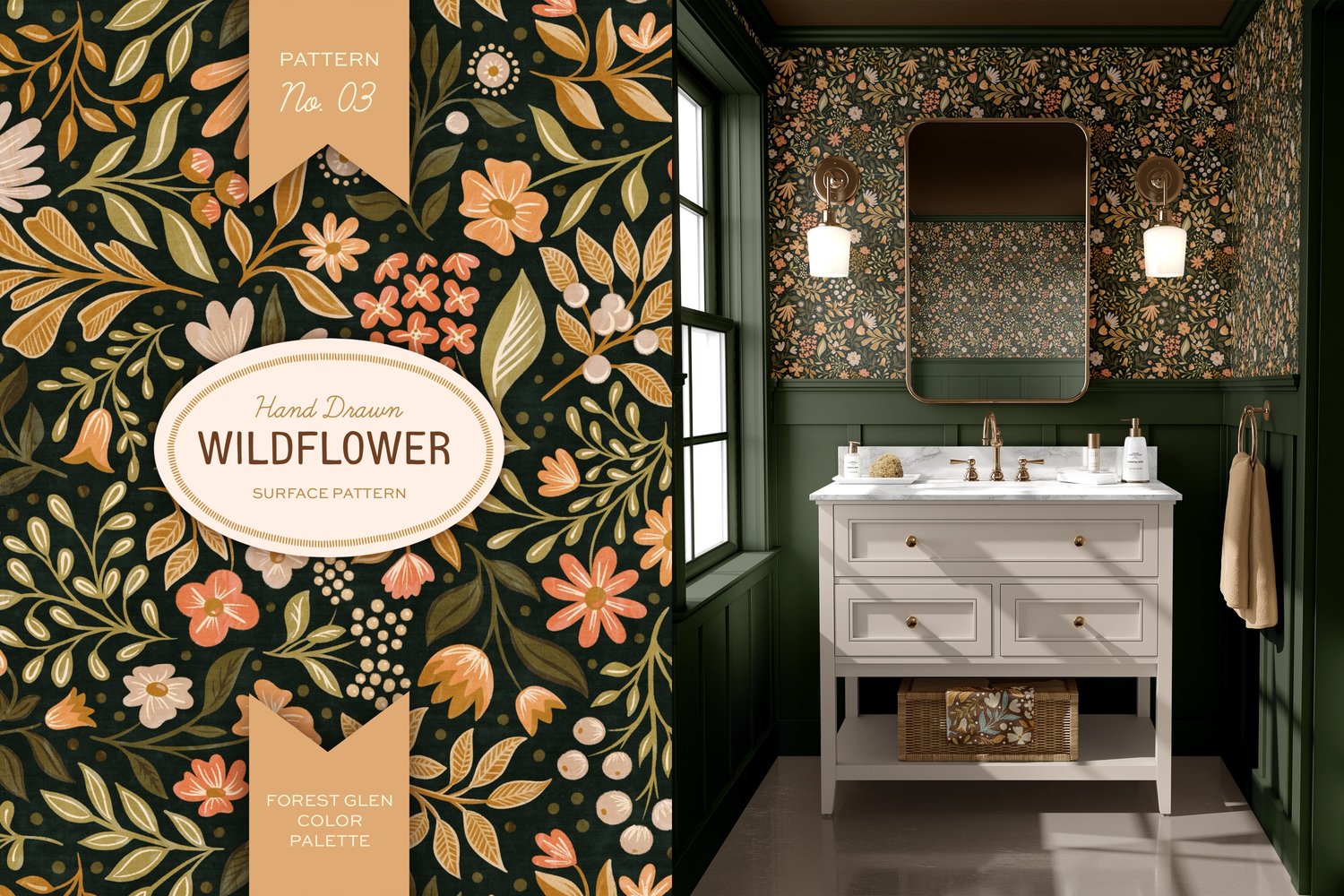 This hand drawn wildflower surface pattern in dark colors features scattered floral blooms and intricate leaves. A cream, brown, peach, green, and orange color palette