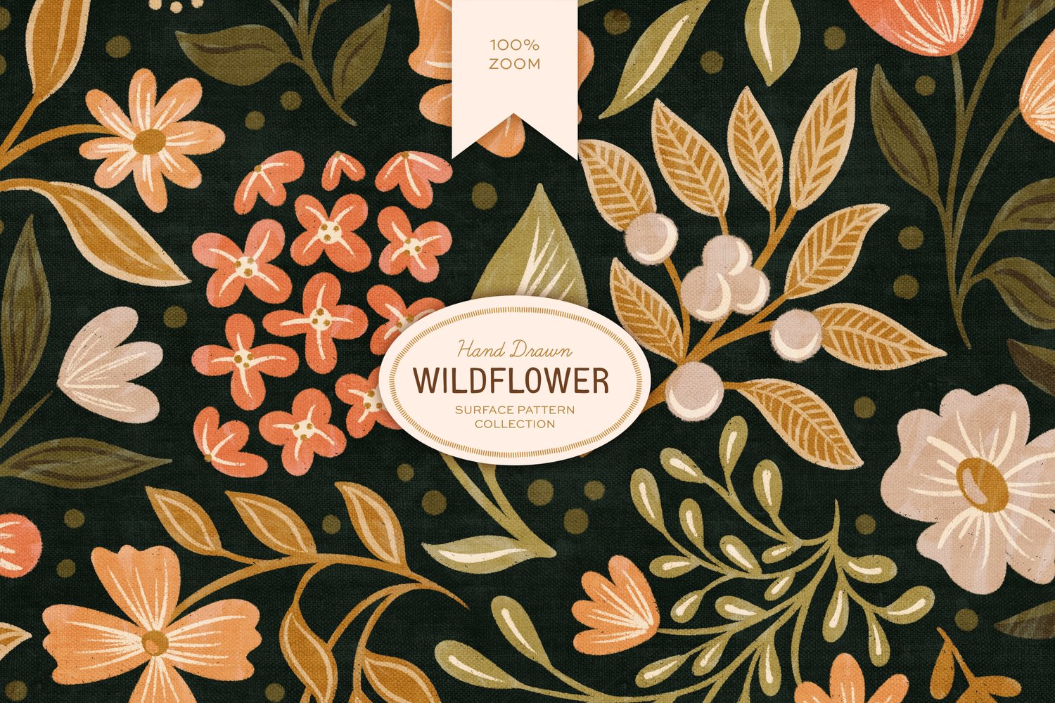 This hand drawn wildflower surface pattern in dark colors features scattered floral blooms and intricate leaves. A cream, brown, peach, green, and orange color palette