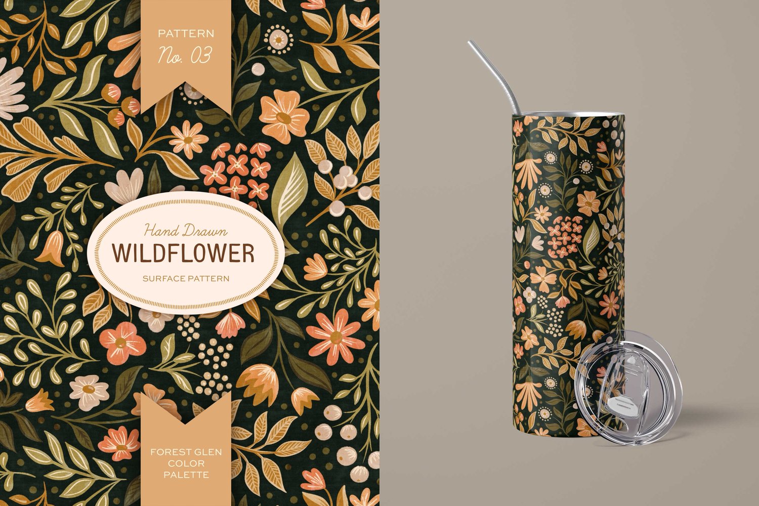 This hand drawn wildflower surface pattern in dark colors features scattered floral blooms and intricate leaves. A cream, brown, peach, green, and orange color palette
