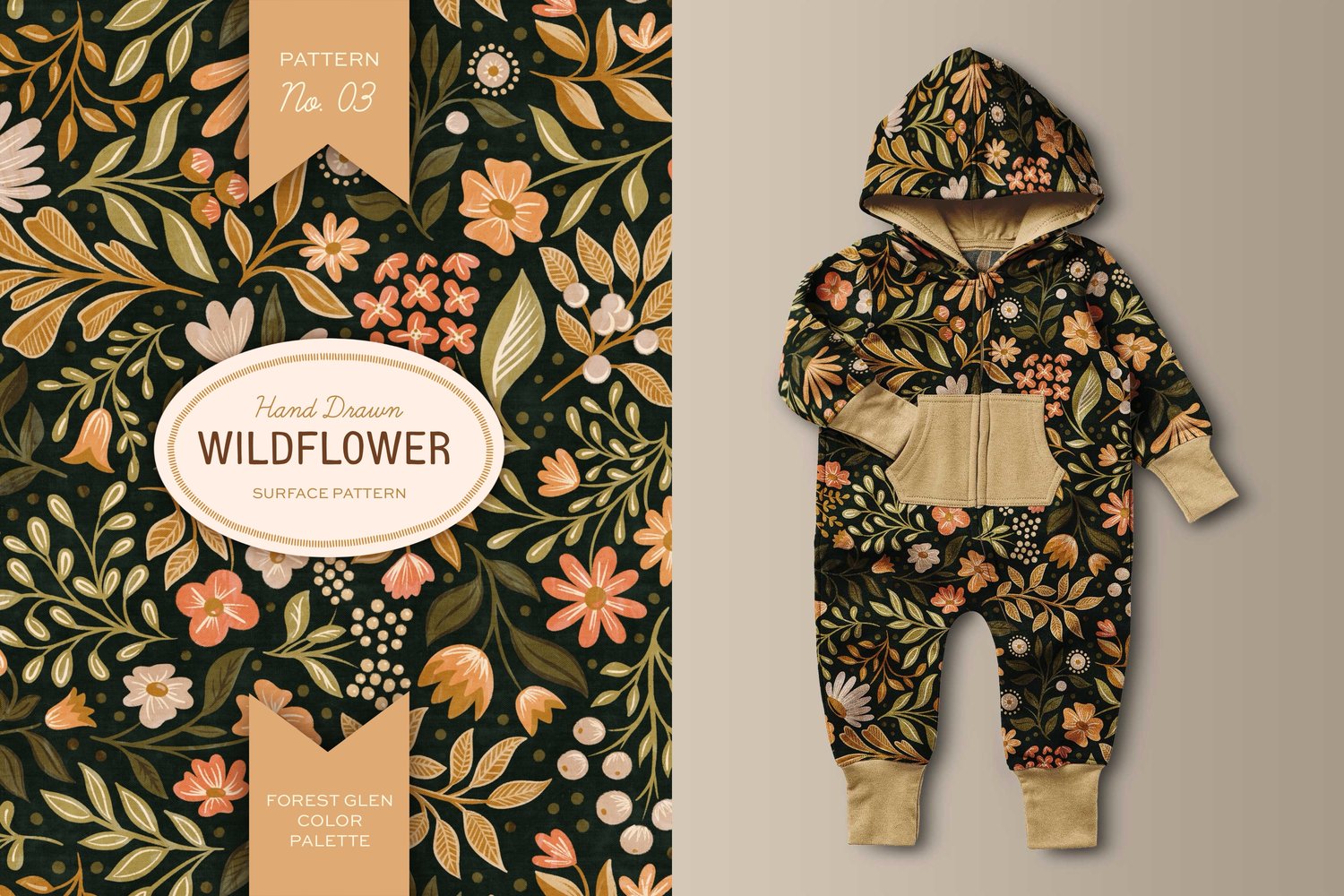 This hand drawn wildflower surface pattern in dark colors features scattered floral blooms and intricate leaves. A cream, brown, peach, green, and orange color palette