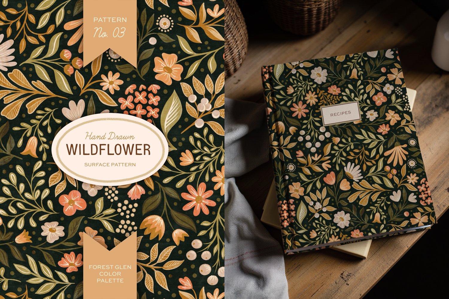 This hand drawn wildflower surface pattern in dark colors features scattered floral blooms and intricate leaves. A cream, brown, peach, green, and orange color palette