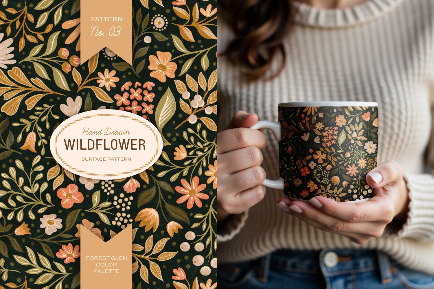 This hand drawn wildflower surface pattern in dark colors features scattered floral blooms and intricate leaves. A cream, brown, peach, green, and orange color palette