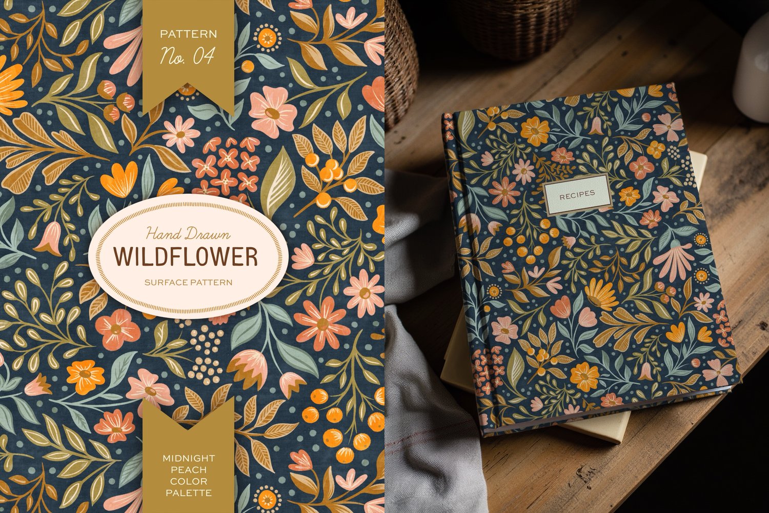 This hand drawn wildflower surface pattern in dark colors features scattered floral blooms and intricate leaves. A cream, navy blue, pink, green, and orange color palette