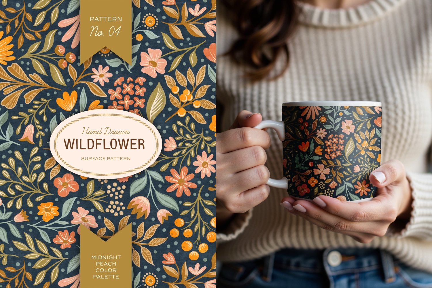 This hand drawn wildflower surface pattern in dark colors features scattered floral blooms and intricate leaves. A cream, navy blue, pink, green, and orange color palette