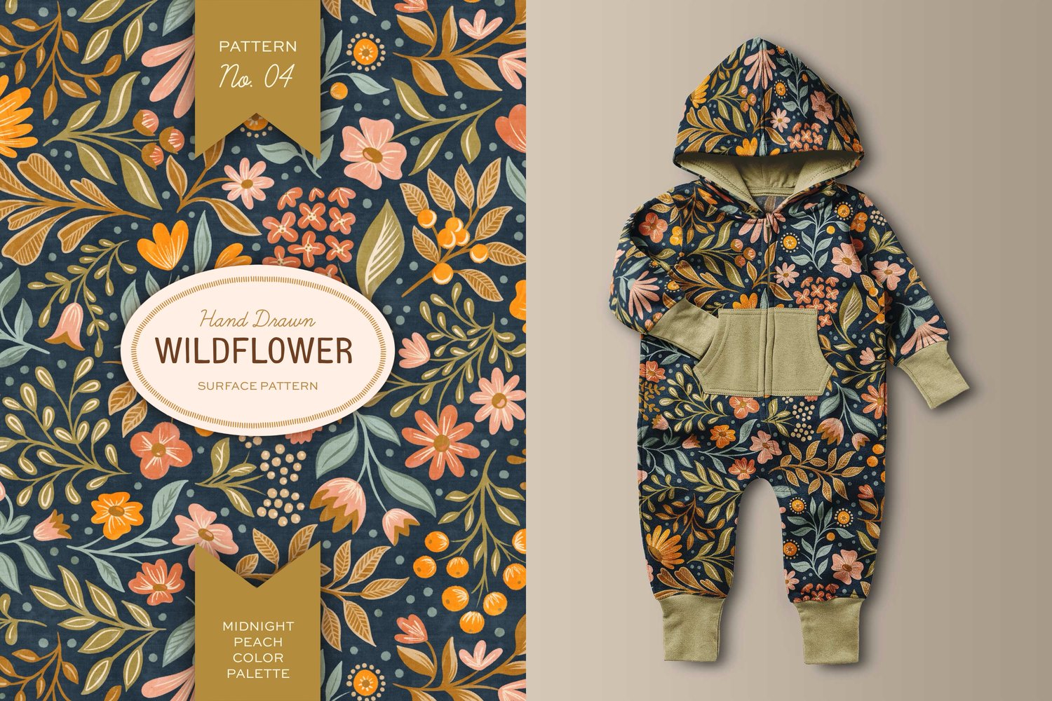 This hand drawn wildflower surface pattern in dark colors features scattered floral blooms and intricate leaves. A cream, navy blue, pink, green, and orange color palette