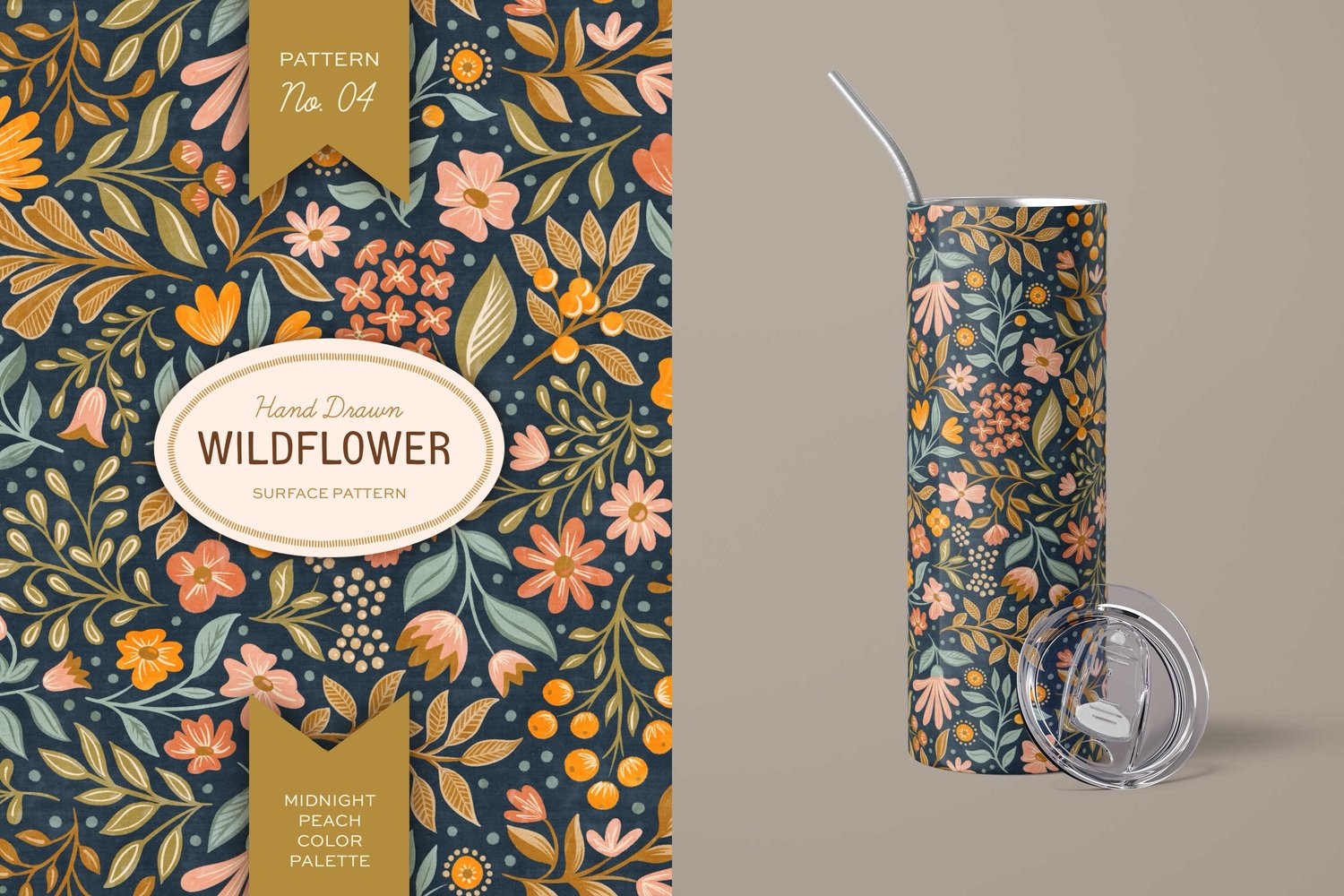 This hand drawn wildflower surface pattern in dark colors features scattered floral blooms and intricate leaves. A cream, navy blue, pink, green, and orange color palette
