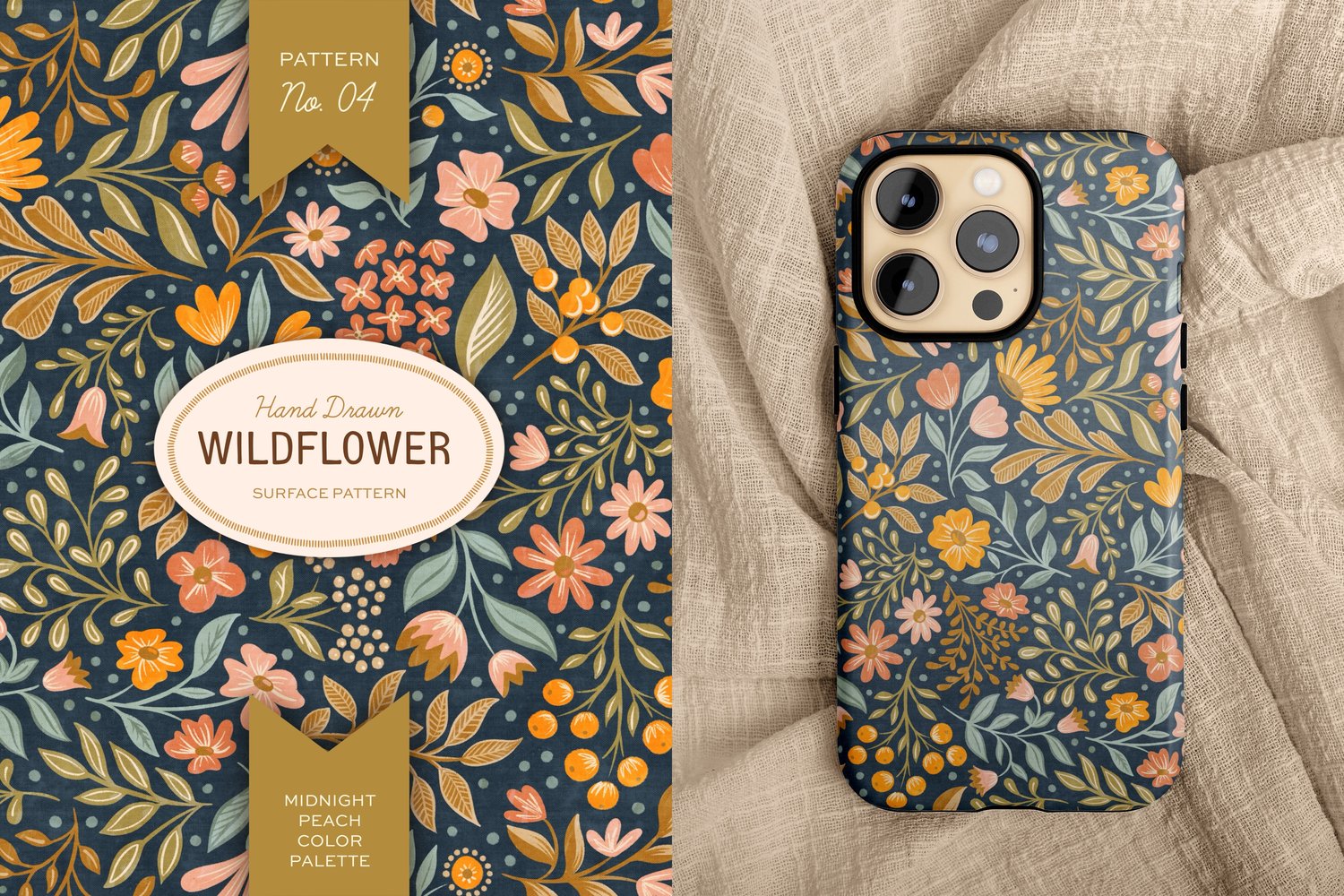 This hand drawn wildflower surface pattern in dark colors features scattered floral blooms and intricate leaves. A cream, navy blue, pink, green, and orange color palette