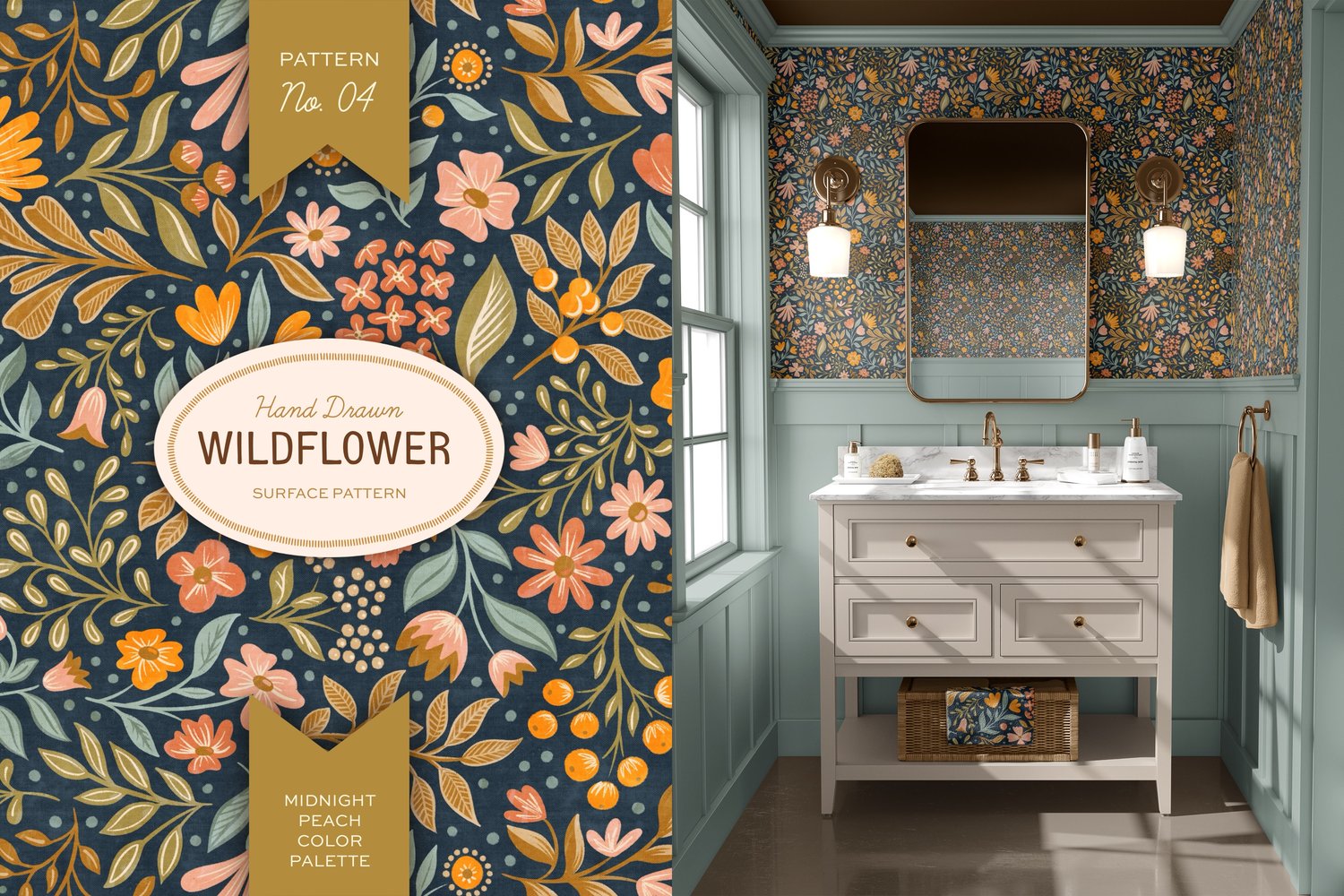 This hand drawn wildflower surface pattern in dark colors features scattered floral blooms and intricate leaves. A cream, navy blue, pink, green, and orange color palette