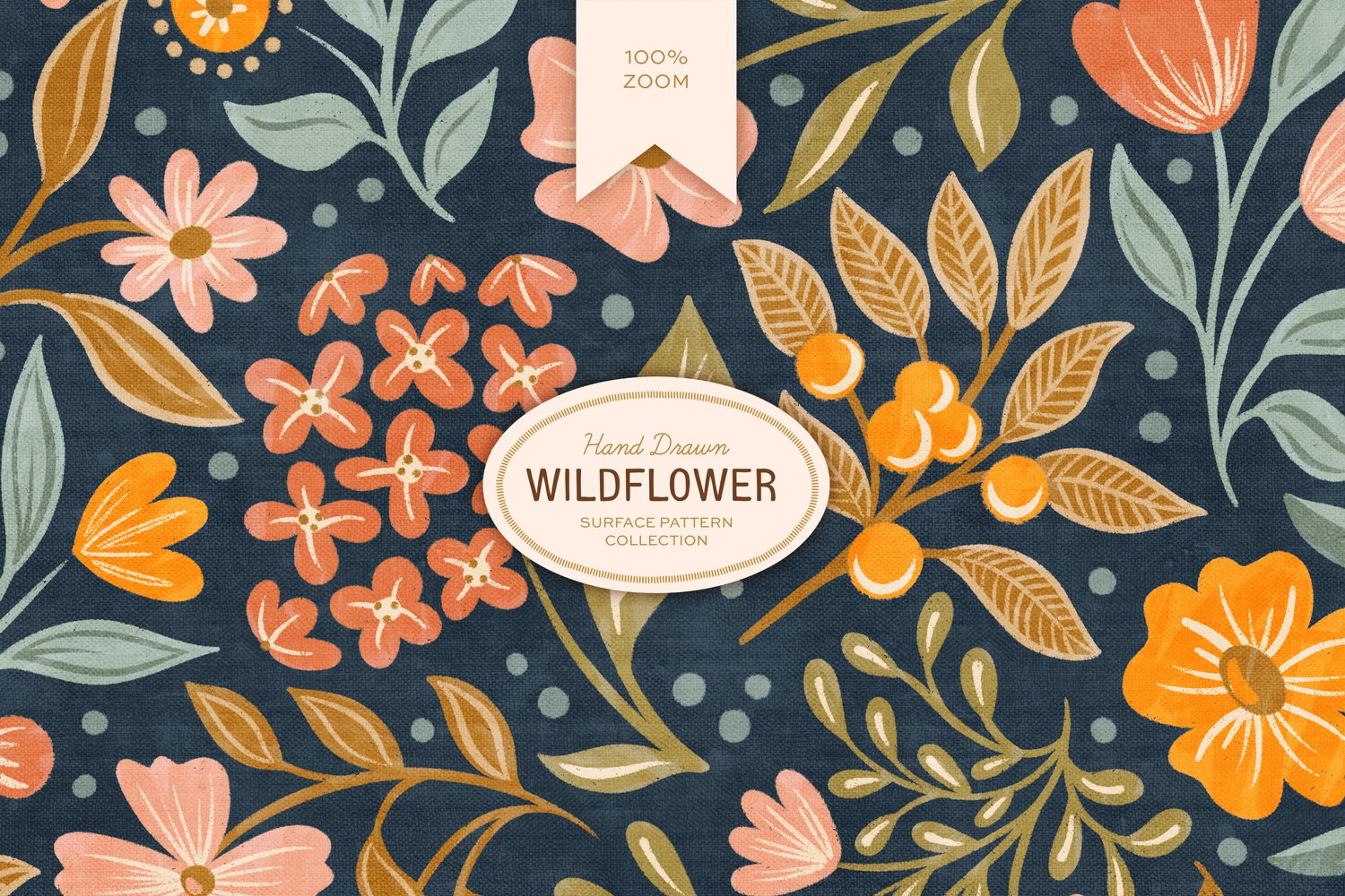 This hand drawn wildflower surface pattern in dark colors features scattered floral blooms and intricate leaves. A cream, navy blue, pink, green, and orange color palette