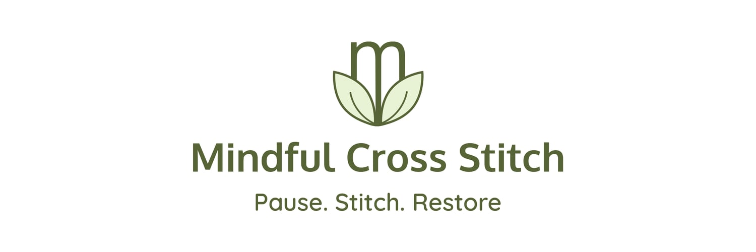 Mindful Cross Stitch Pattern Shop Logo and Tagline Pause, Stitch, Restore